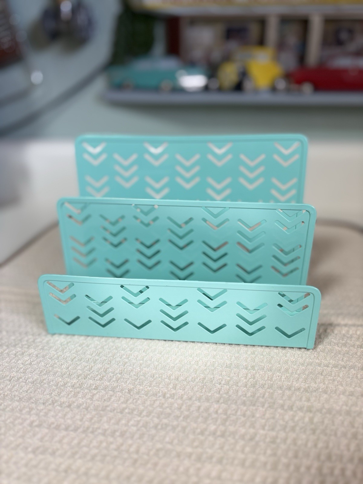 Aqua/Teal Metal Desktop Organizer 3-Slot Letter Mail Paper Holder Chevron