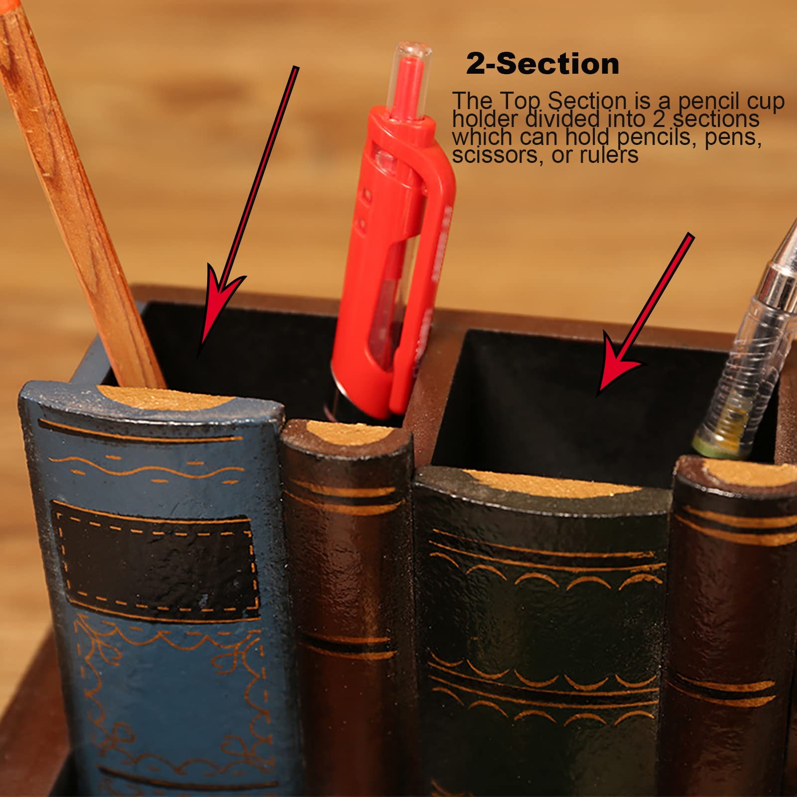Sokelinn-six Wood Pen Holder Library Book Shaped, Wooden Pencil Holders brown