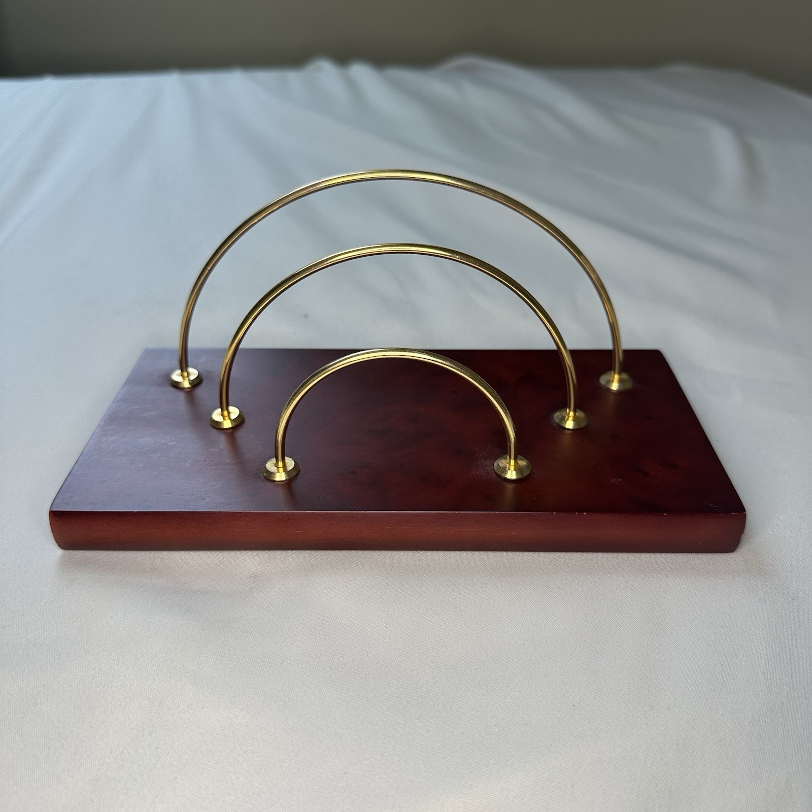VTG MCM Art Deco Gold Tone Metal & Wood Base Desktop Letter Holder Organizer