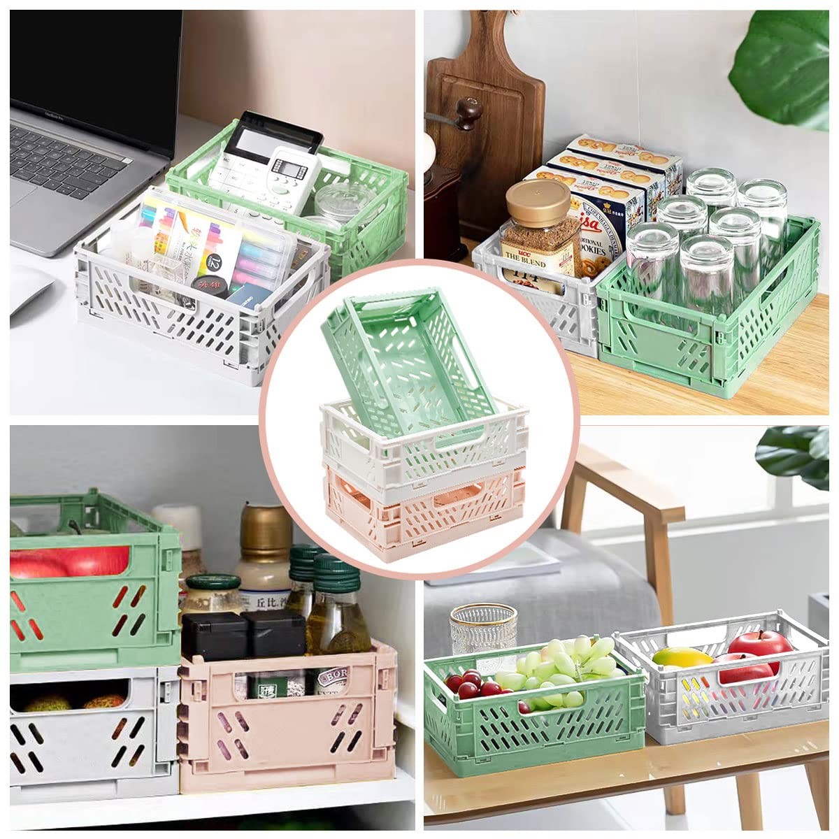 3 Pack Mini Plastic Storage Basket for Shelf Organizing,Collapsible Crate Fol…