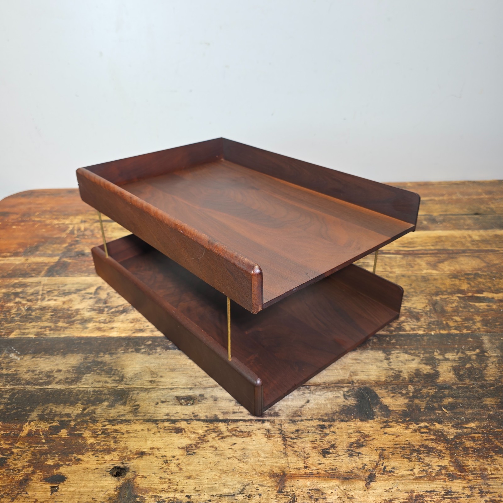 Vintage Carver Wood Products Desk Letter Tray 2 Tier Cherry Oak MCM Damage USA