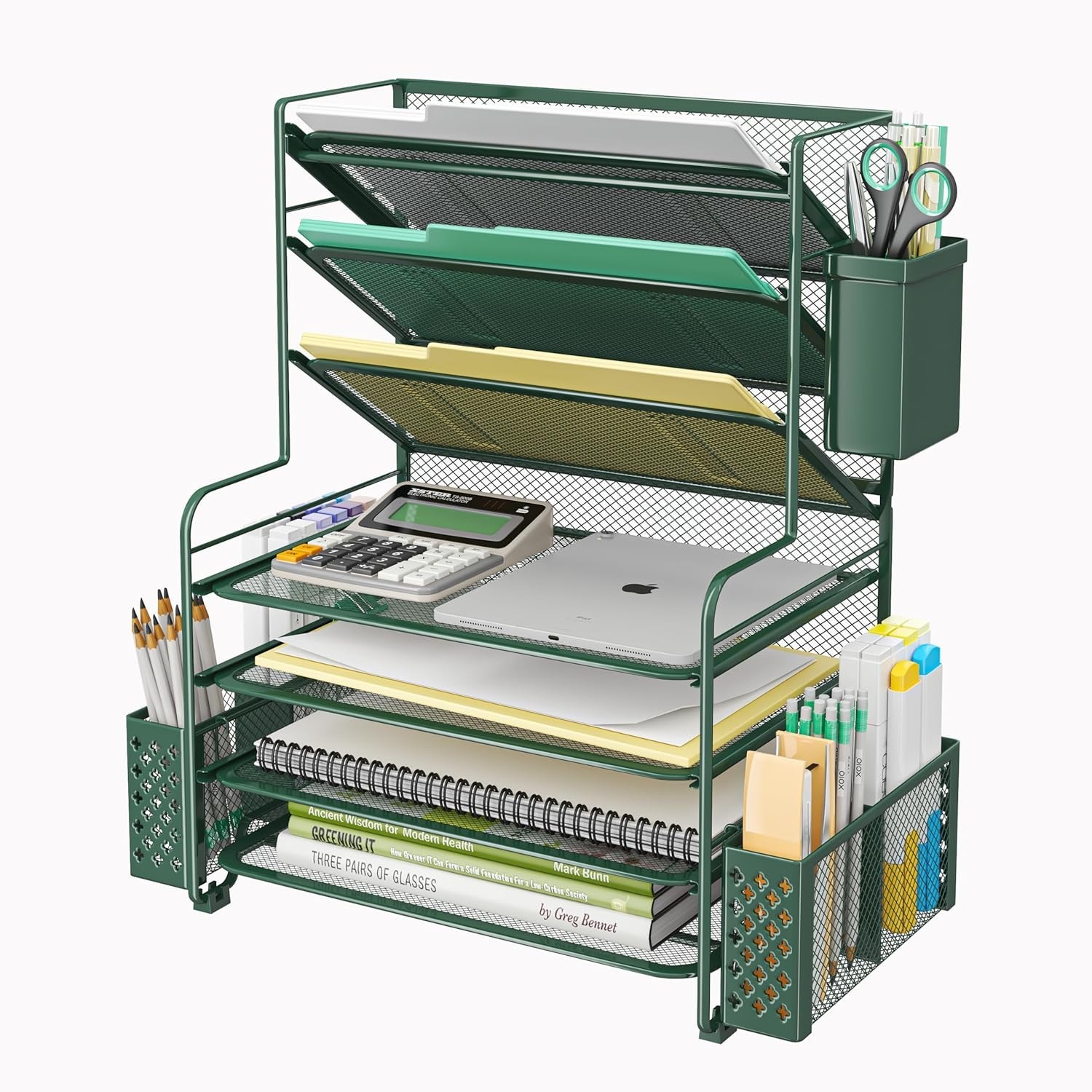 Multifunctional Desk Organizer with 7 Tiers for Papers and Office Supplies Green