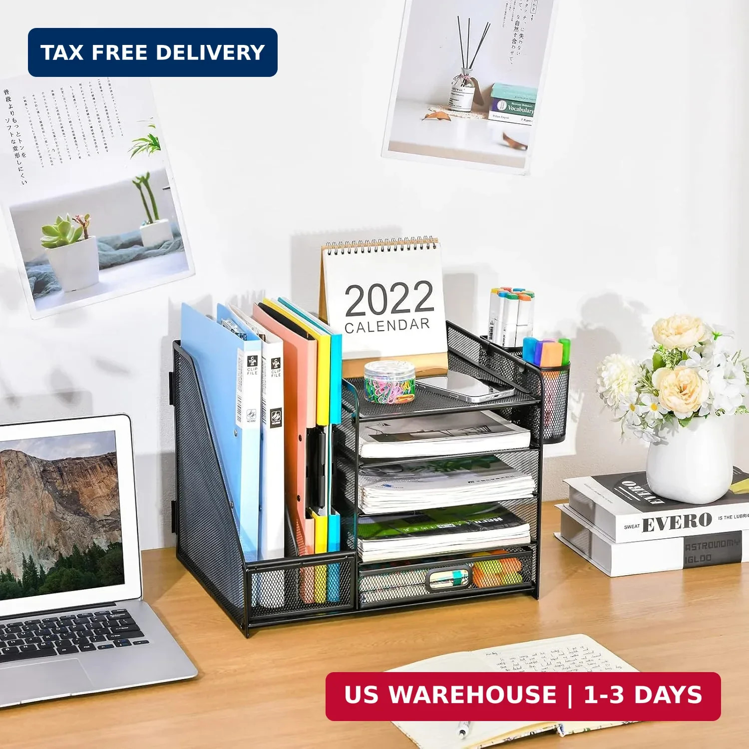 5 Tier Desk Organizer File Holder Paper Tray Drawer Pen Holders Black