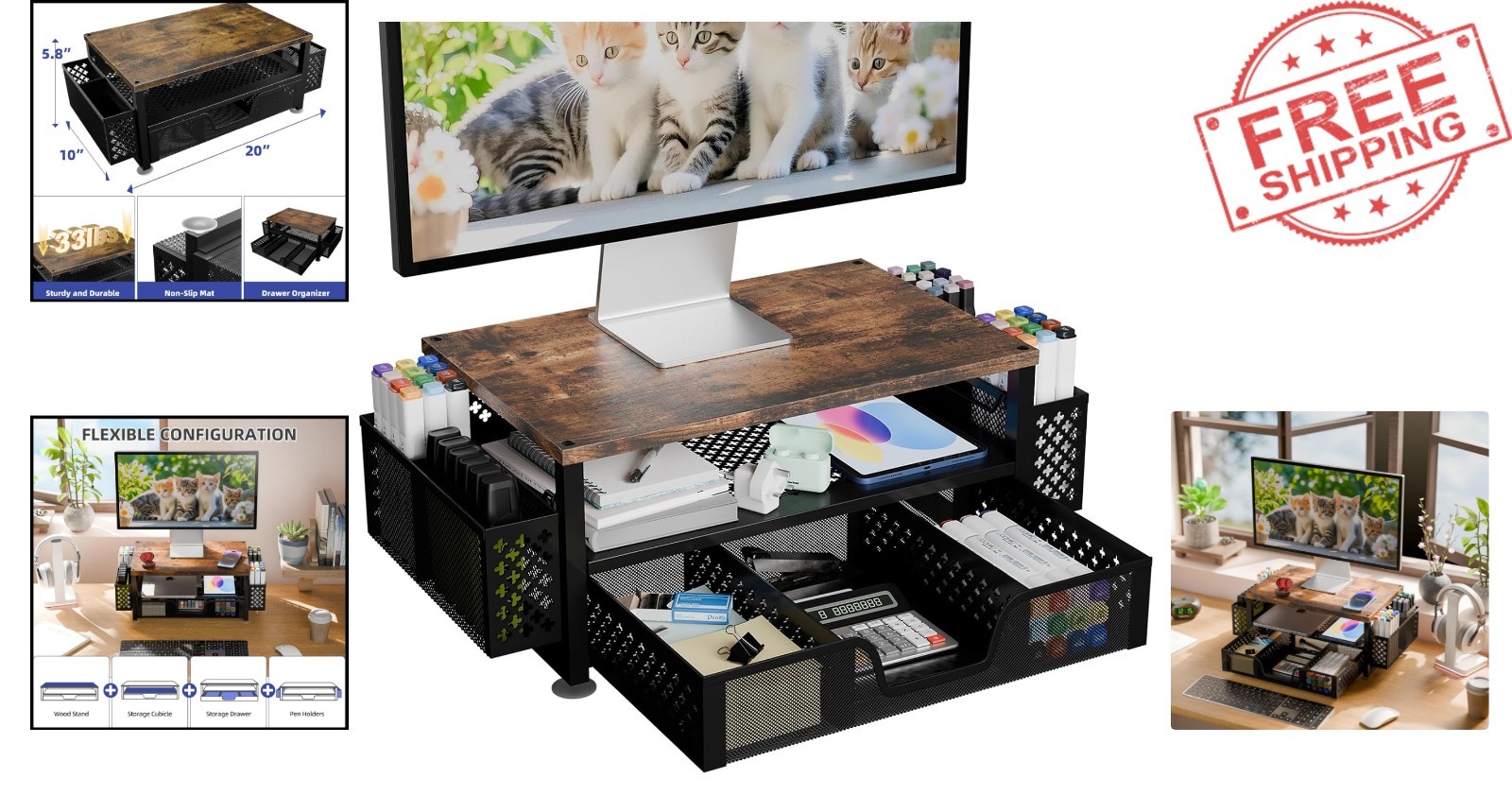 Ergonomic Computer Monitor Stand with Built-in Drawer & 2 Pen Holders – Brown