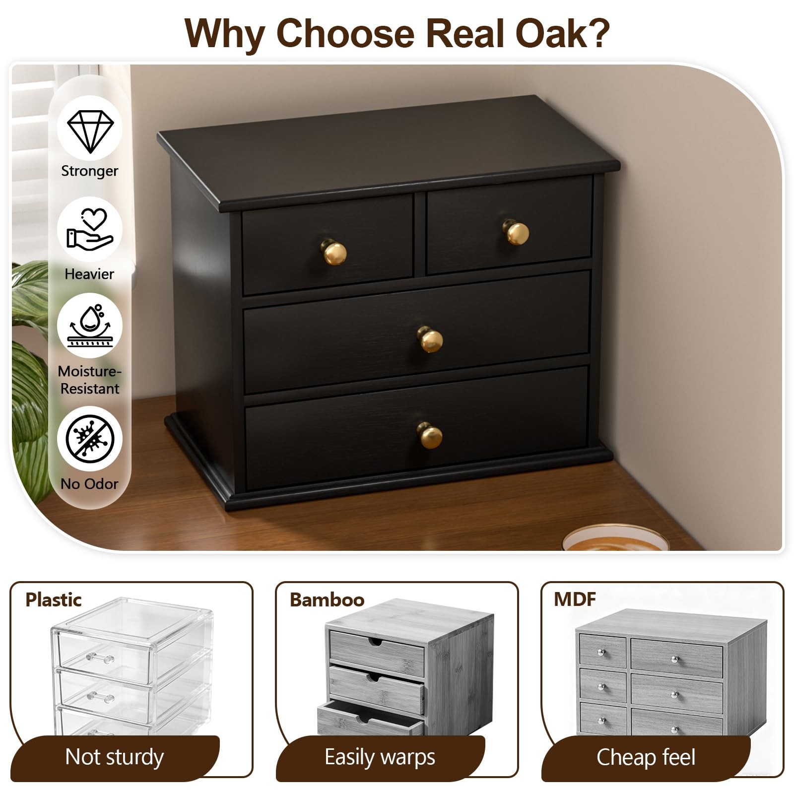 Oak Desk Organizer with Drawers, Durable Wooden Desktop Storage Box with Meta…