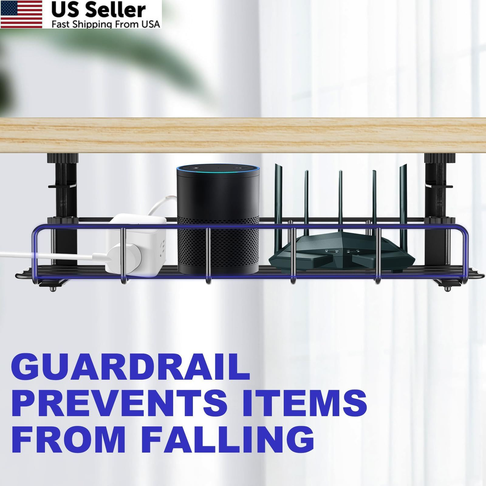 15.7” Under Desk Cable Management Tray, No Drill Steel 1 Pack, Black