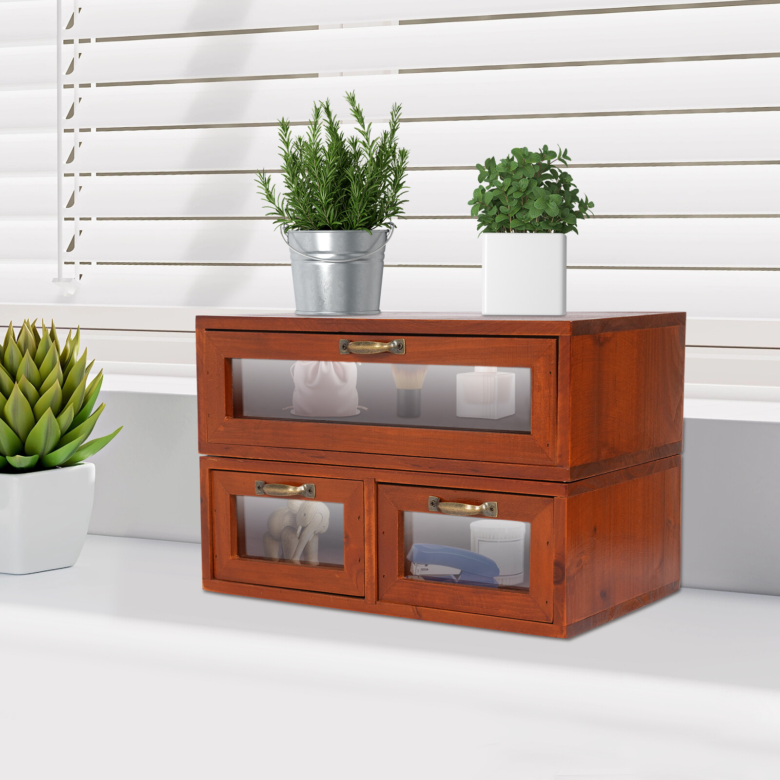 Vintage Desk Organizer Tabletop Storage Organization Box w/ 3 Drawers for Office