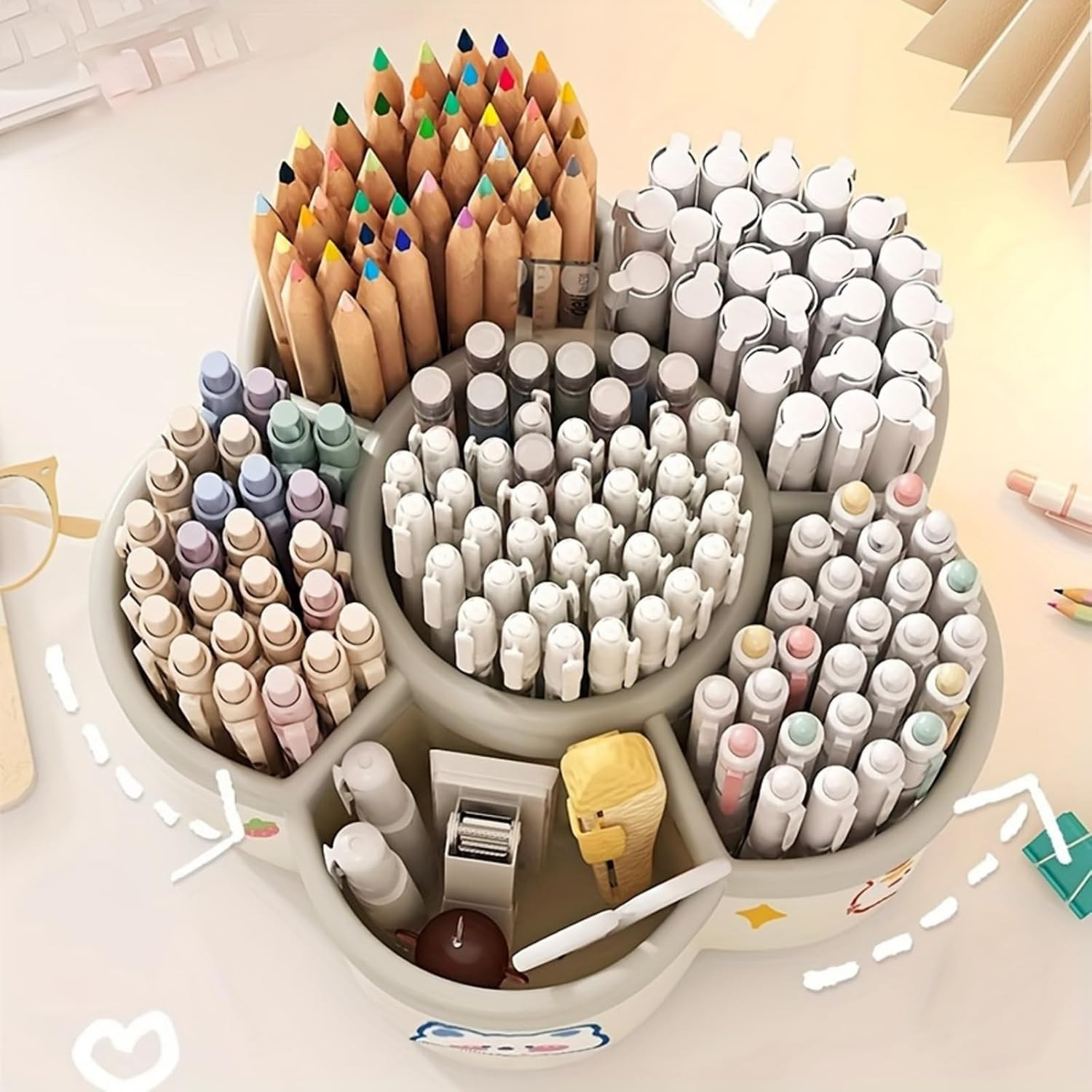 Desk Pencil Pen Holder – 5 Slot 360 Degree Rotating Desk Pen Organizer for Deskt