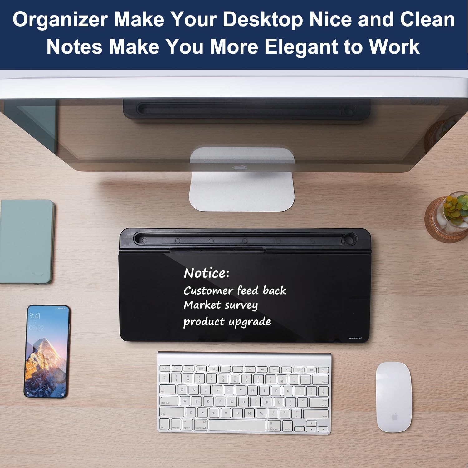 TSJ OFFICE Desktop Whiteboard Dry-Erase-Board – 16″ x 7″, Black Base/Glass