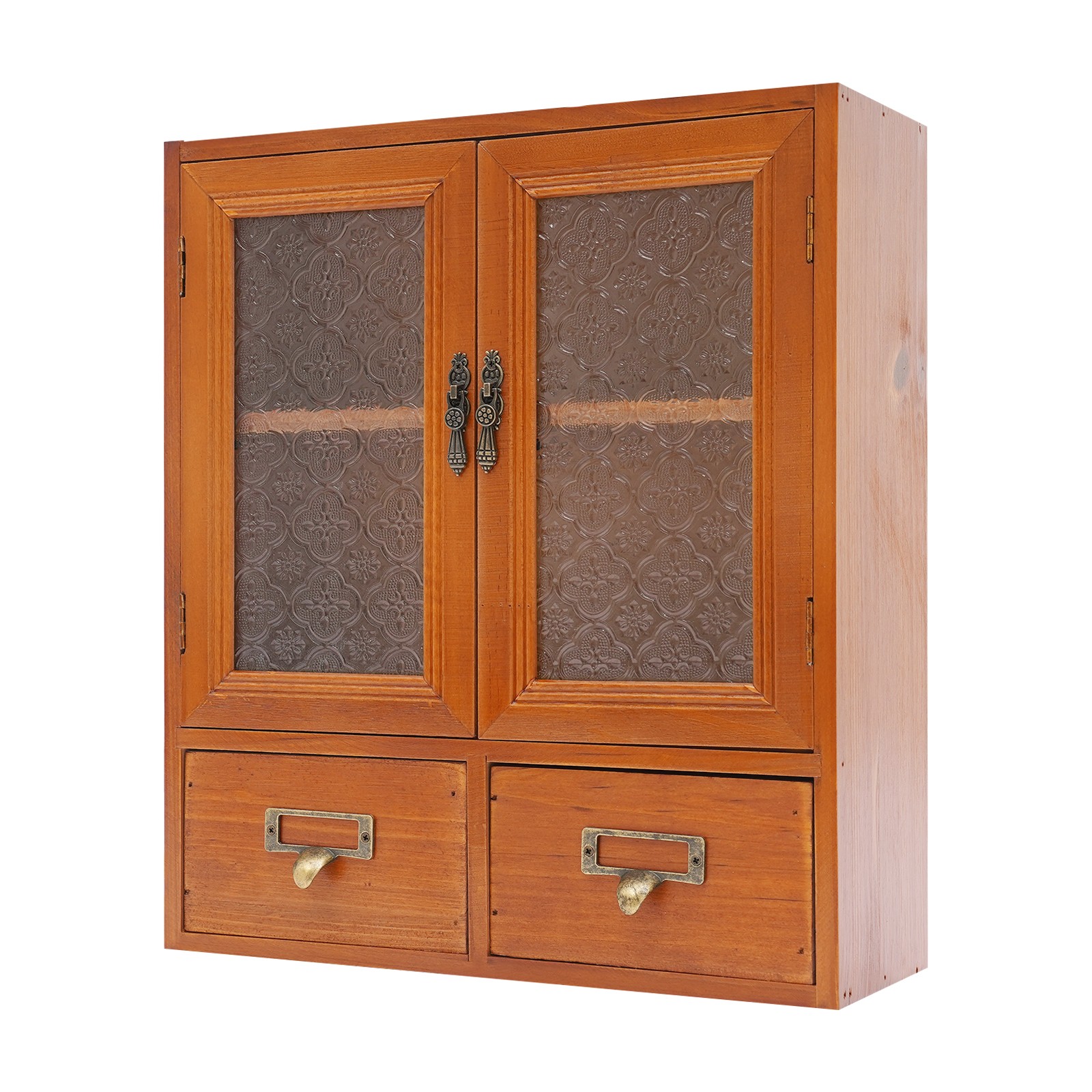 Vintage Tabletop Organizer with 2 Drawers & Glass Door Storage Cabinet Brown