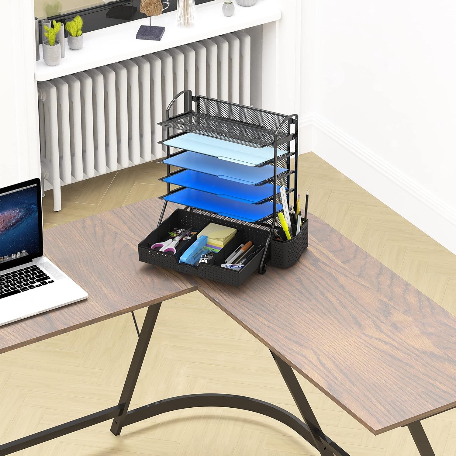 6-Tier Desk Document File Tray Organizer with Supplies Sliding Drawer, Black