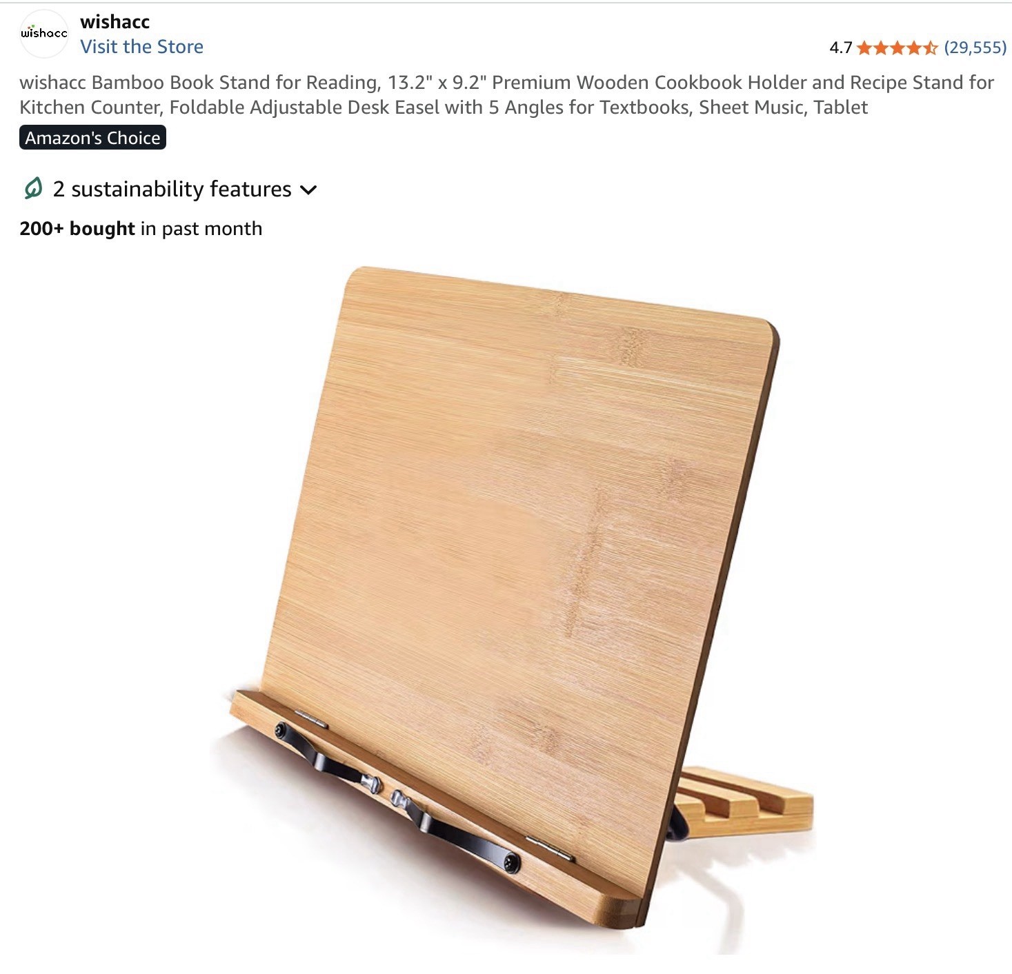 Bamboo Book Stand 13.2″ x 9.2″ Wooden Adjustable Desk Easel with 5 Angles