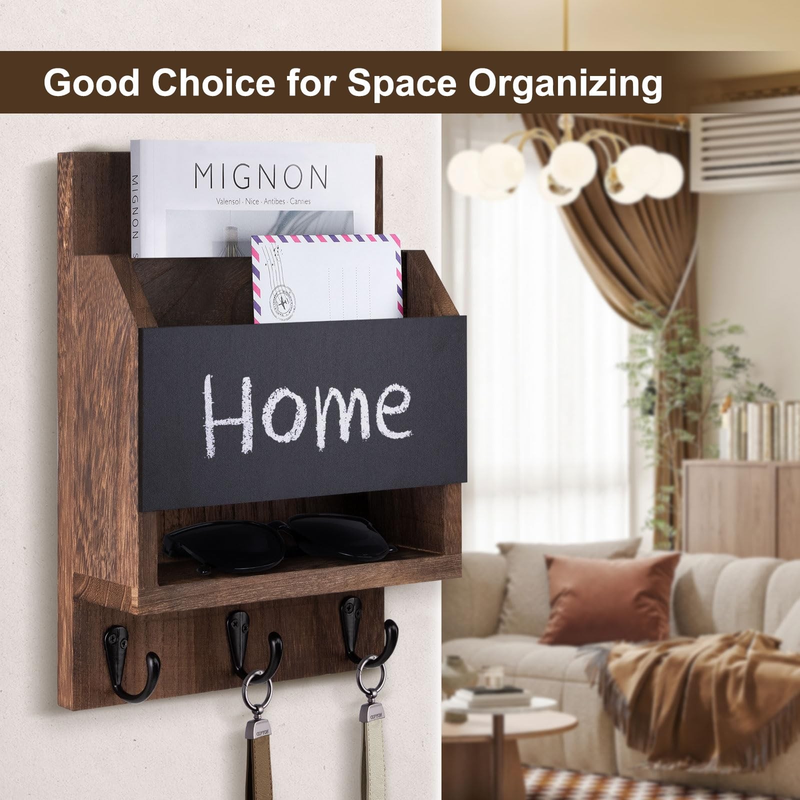 Brown Key Mail Holder Wall Hanger 3 Hooks Chalkboard Entryway Organizer