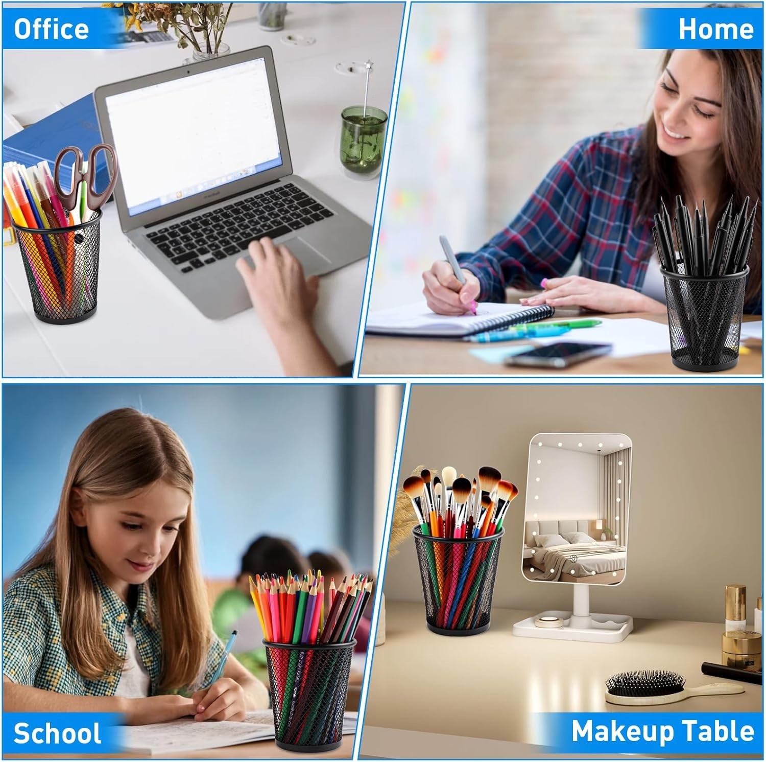 2 Pack Pencil Holders, Black Mesh Metal Organizers for School Supplies