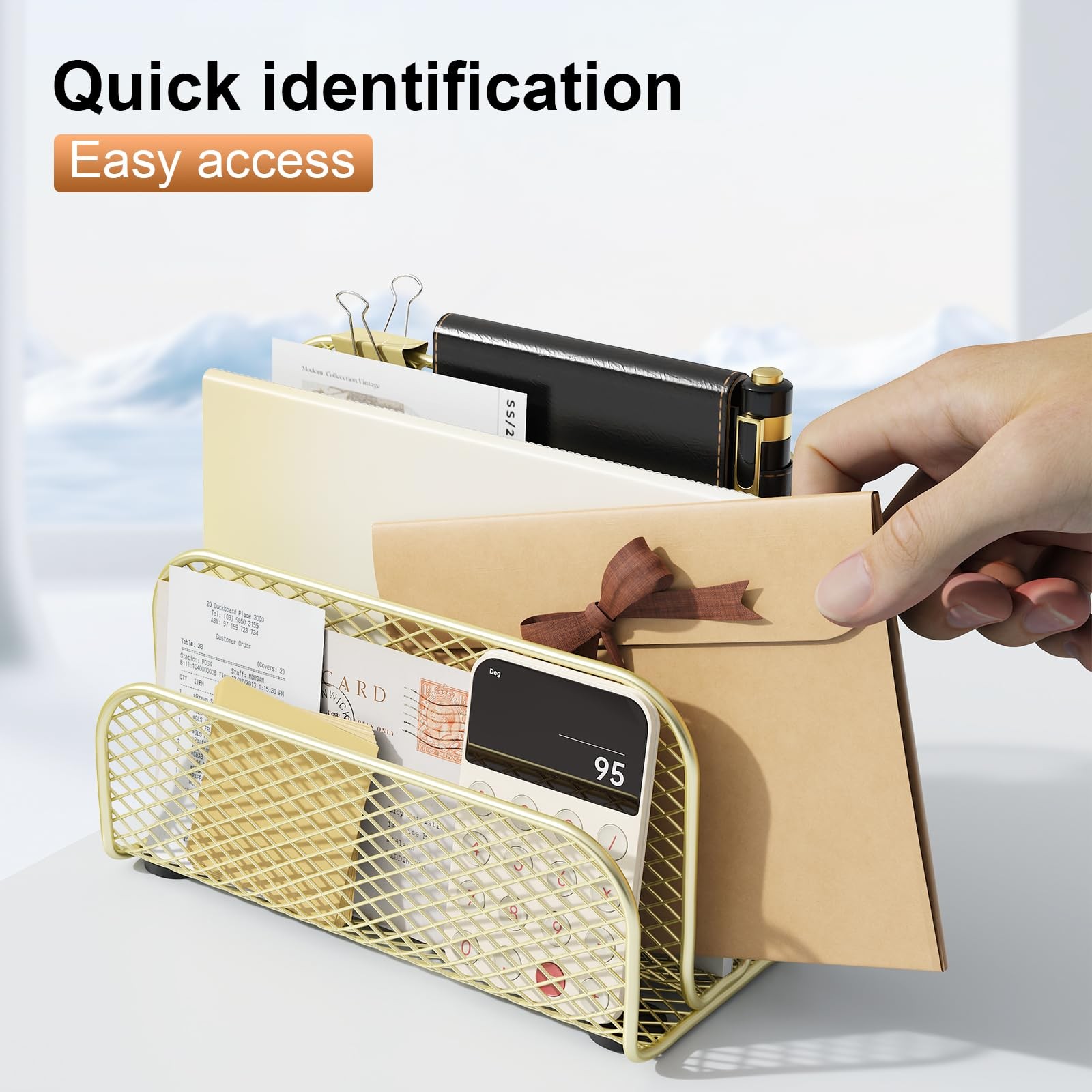 Gold Metal Countertop Mail Organizer 3 Slot File Letter Holder Desk Rack