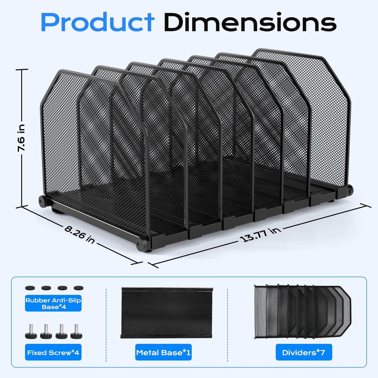 ZONGALL Adjustable File Organizer for Desk, 6 Sections Vertical Black