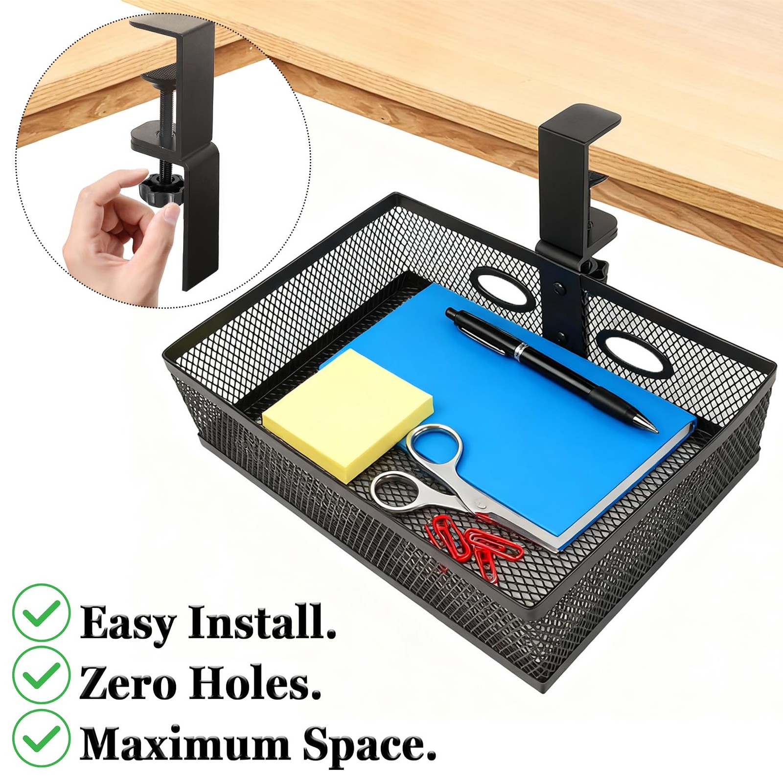 360° Swivel Under Desk Drawer Organizer, Clamp~On Mesh Storage