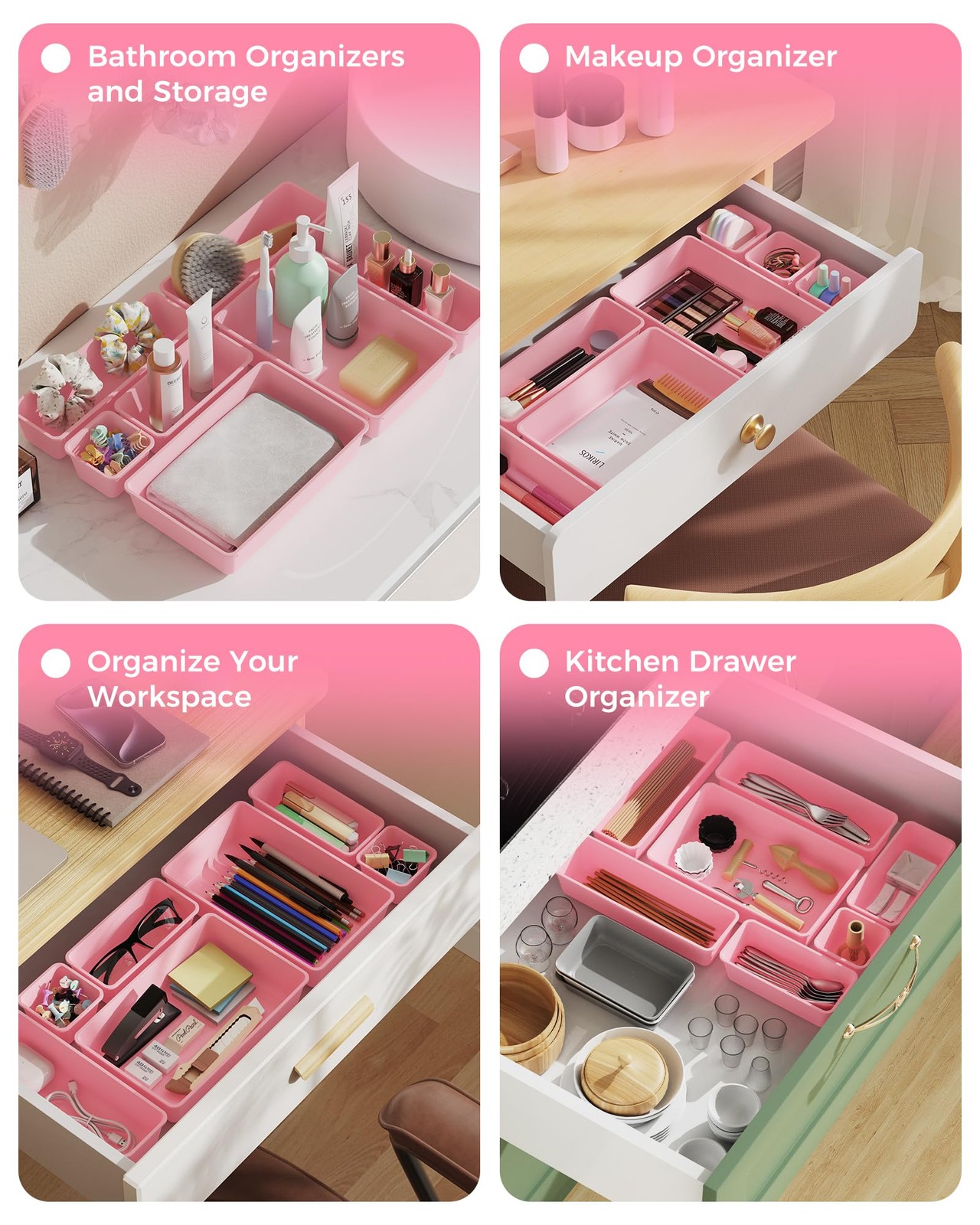 BiuLeon 25 PCS Plastic Drawer Organizers Set, 4-Sizes Vanity and Makeup Pink