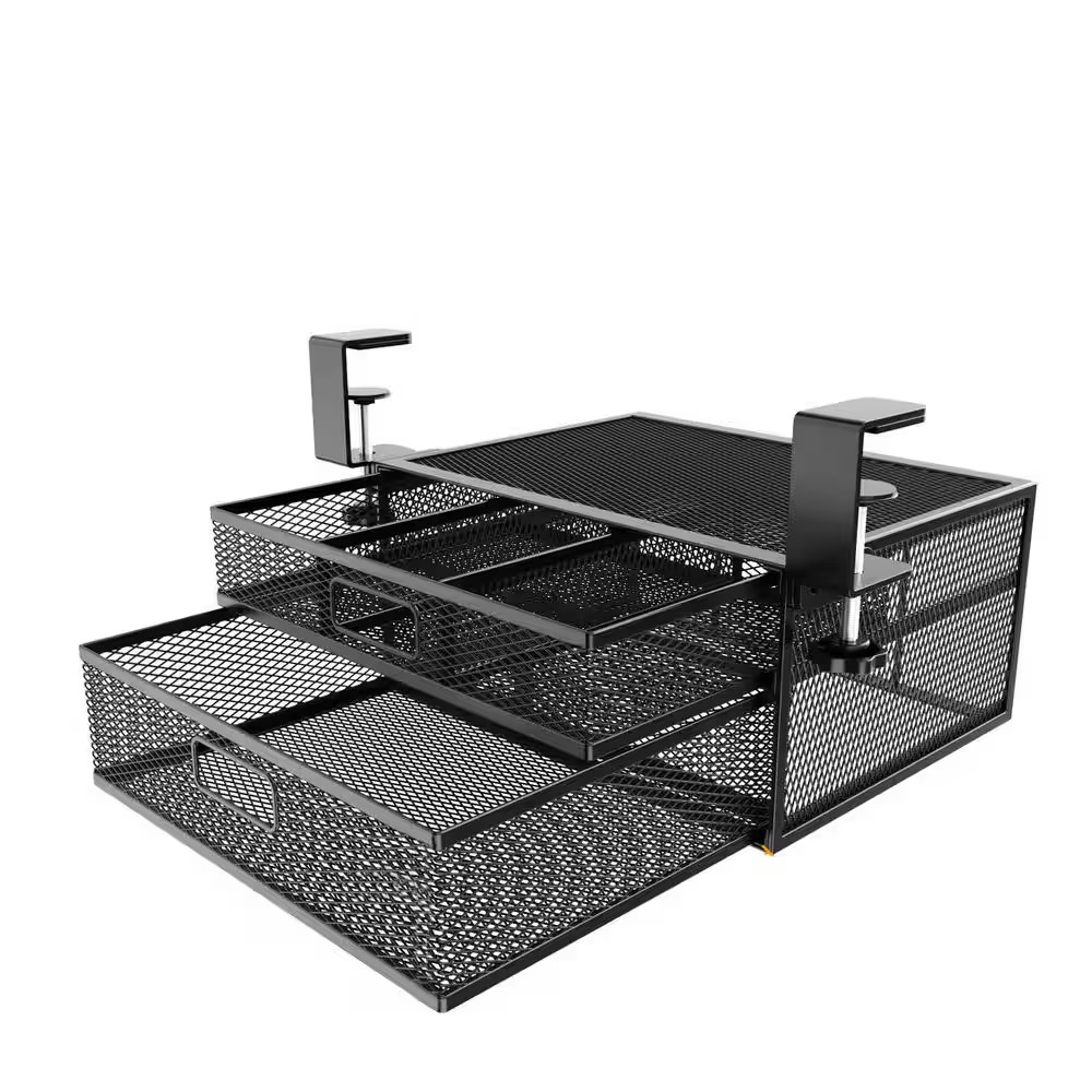 Black 15.7 In. X 6.3 In. Metal under Desk Storage Organizer with 2 Sliding Drawe