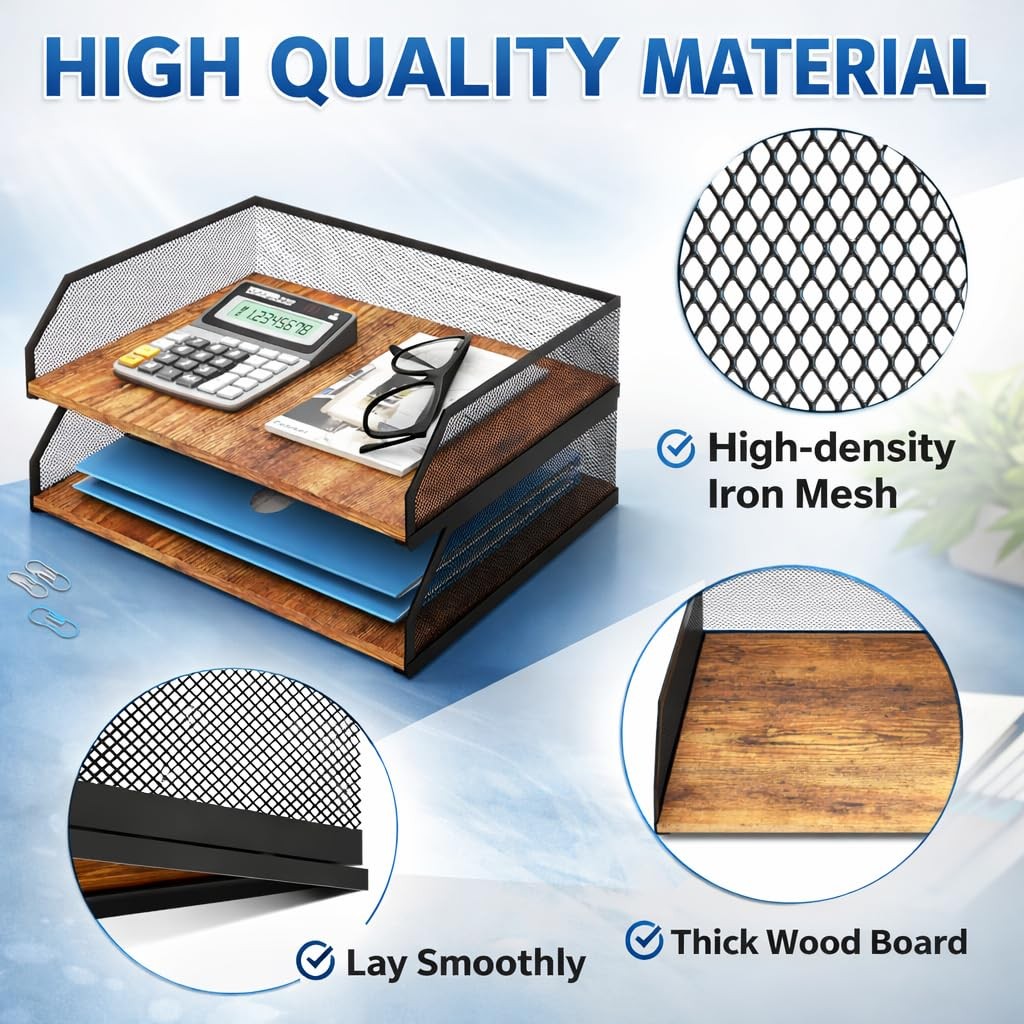 2-Tier Stackable Paper Tray, Metal Mesh Desktop Organizer, Paper Sorter, Lett…