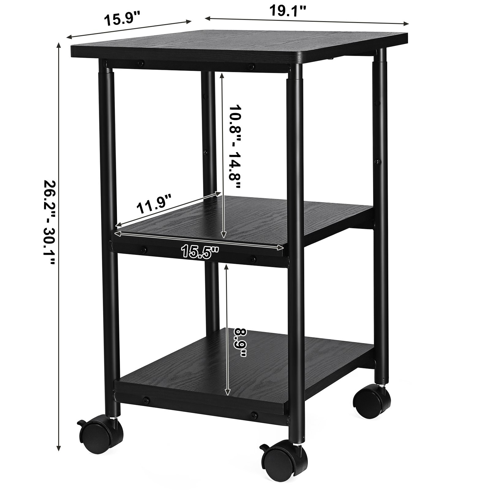 VASAGLE Heavy-Duty Printer Stand with Locking Wheels, 3-Tier, Ebony Black