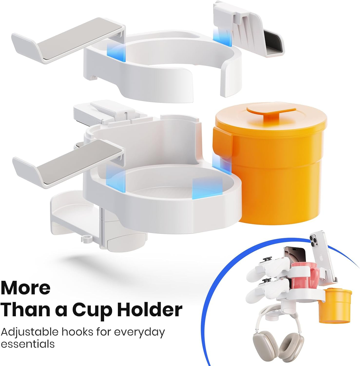 7-In-1 Desk Organizer with Cup Holder, Snack Bucket & Phone Stand – White