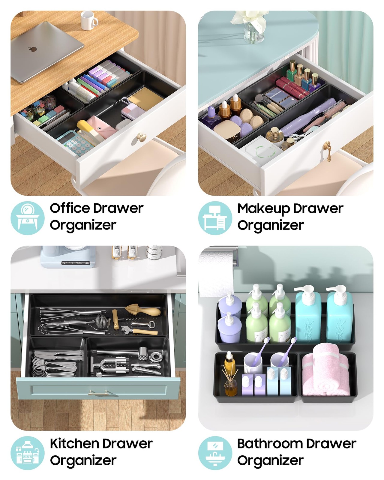 MLIKLU 10 Pack Large Size Plastic Drawer Organizers Set, 3 Sizes Desk Black