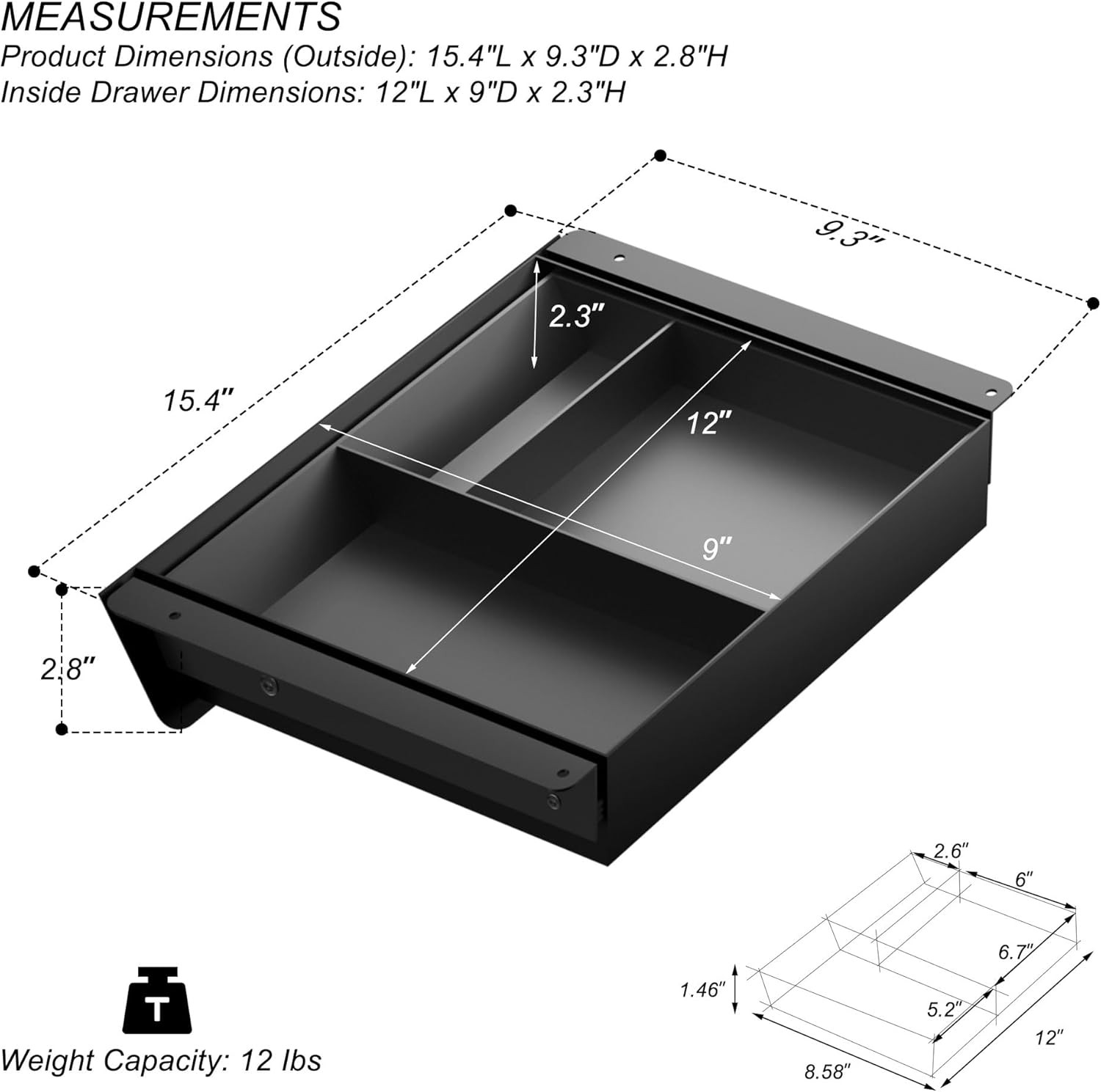 Under Desk Drawer with Removable Tray, 15.4″ Wide 2-In-1 Organizer – 60° Ergonom