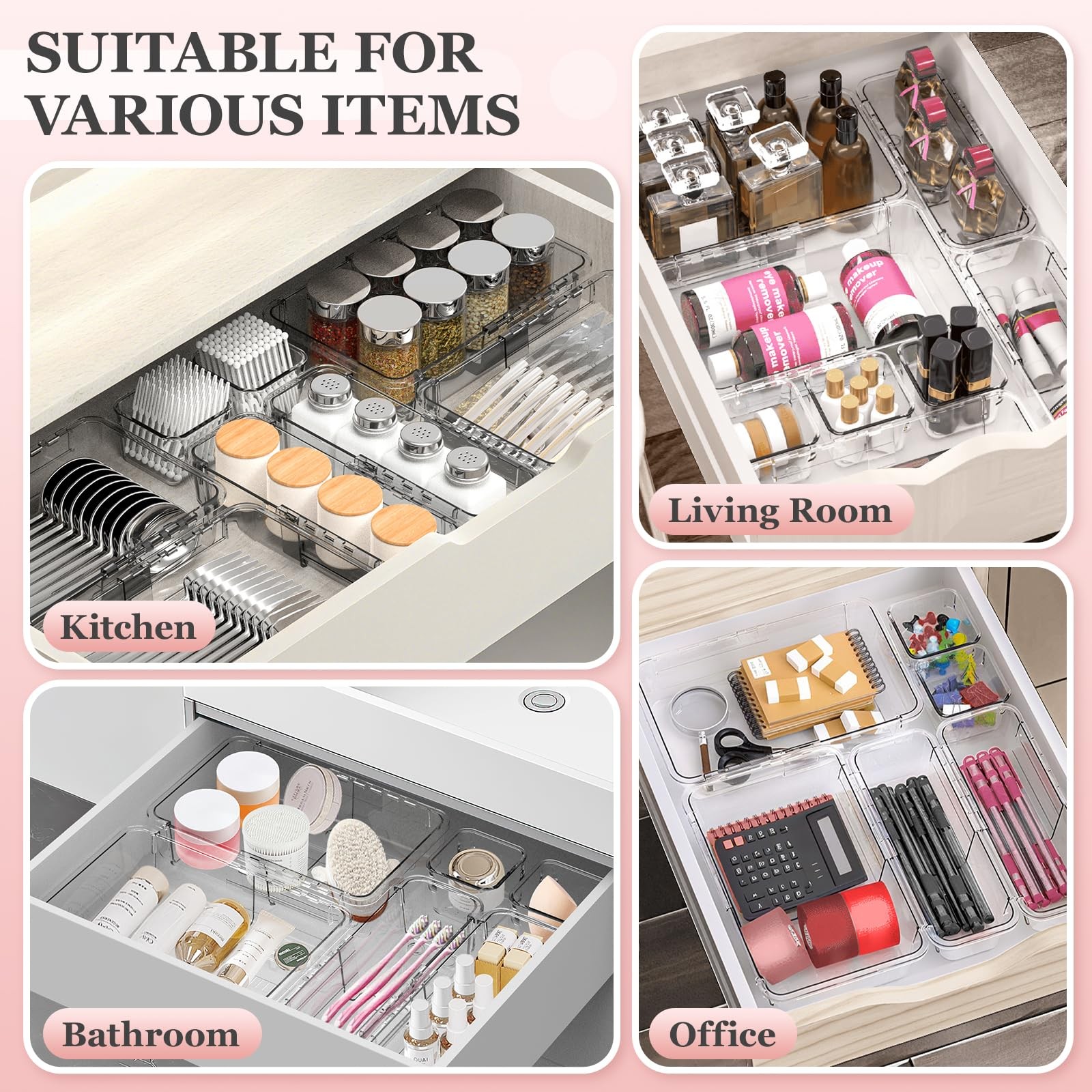 16 Pcs Clear Extendable Drawer Organizer, Adjustable Drawer Storage 3-Size De…