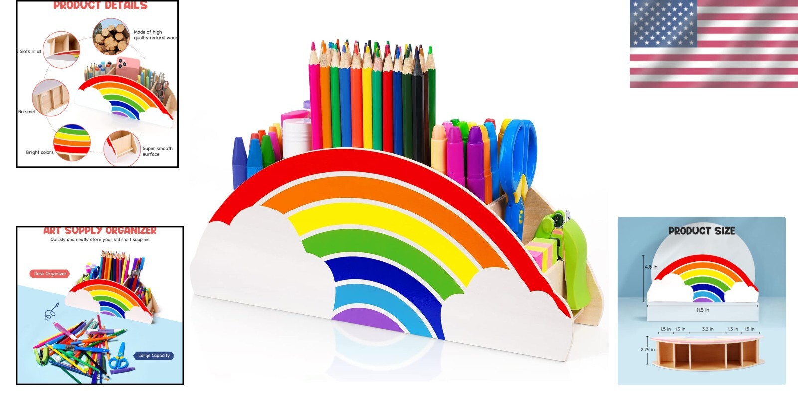 Compact Wooden Supply Caddy with Rainbow Finish – Ideal Desk Organization Tool