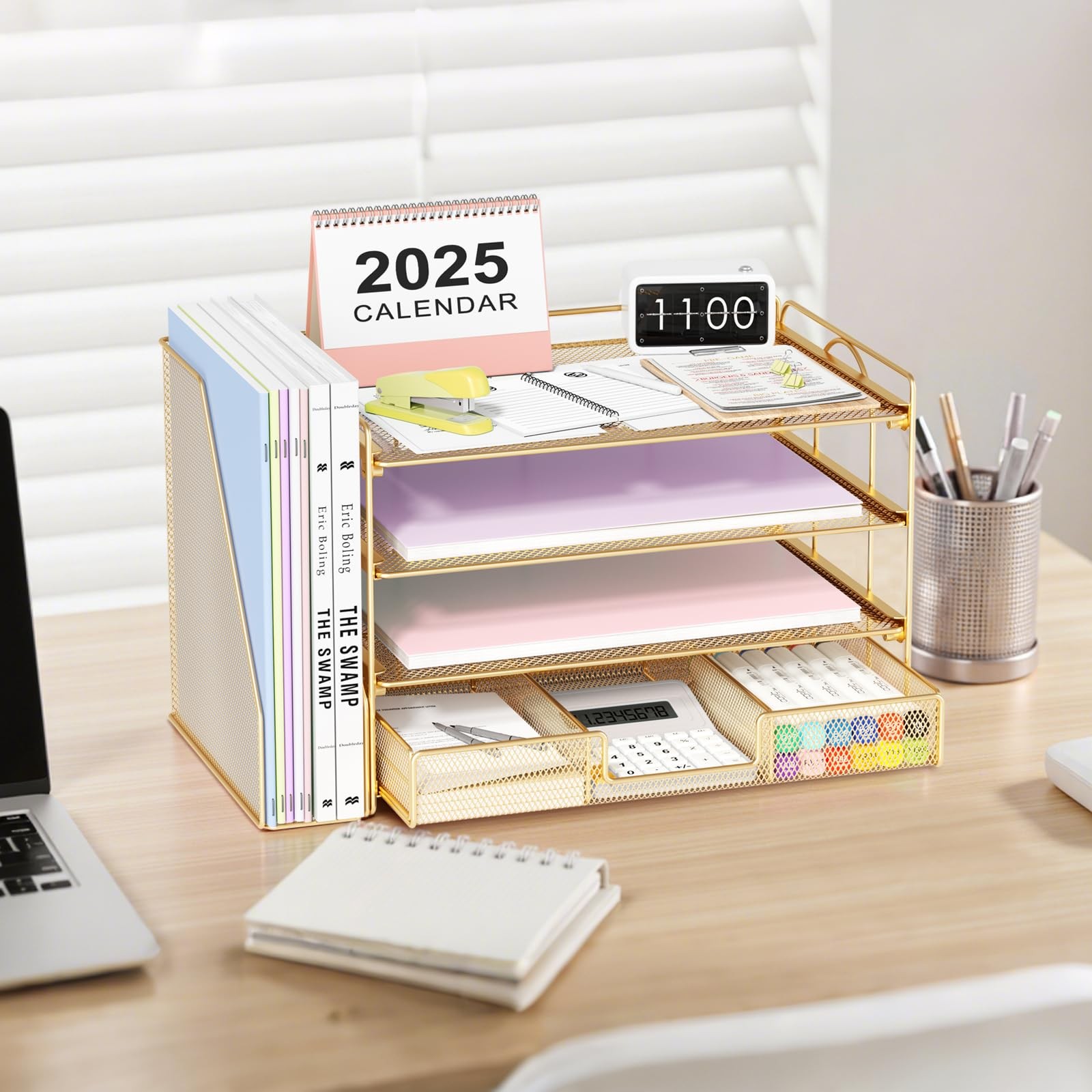 OPNICE File Desk Organizers and Accessories – Paper Letter Tray Medium, Gold