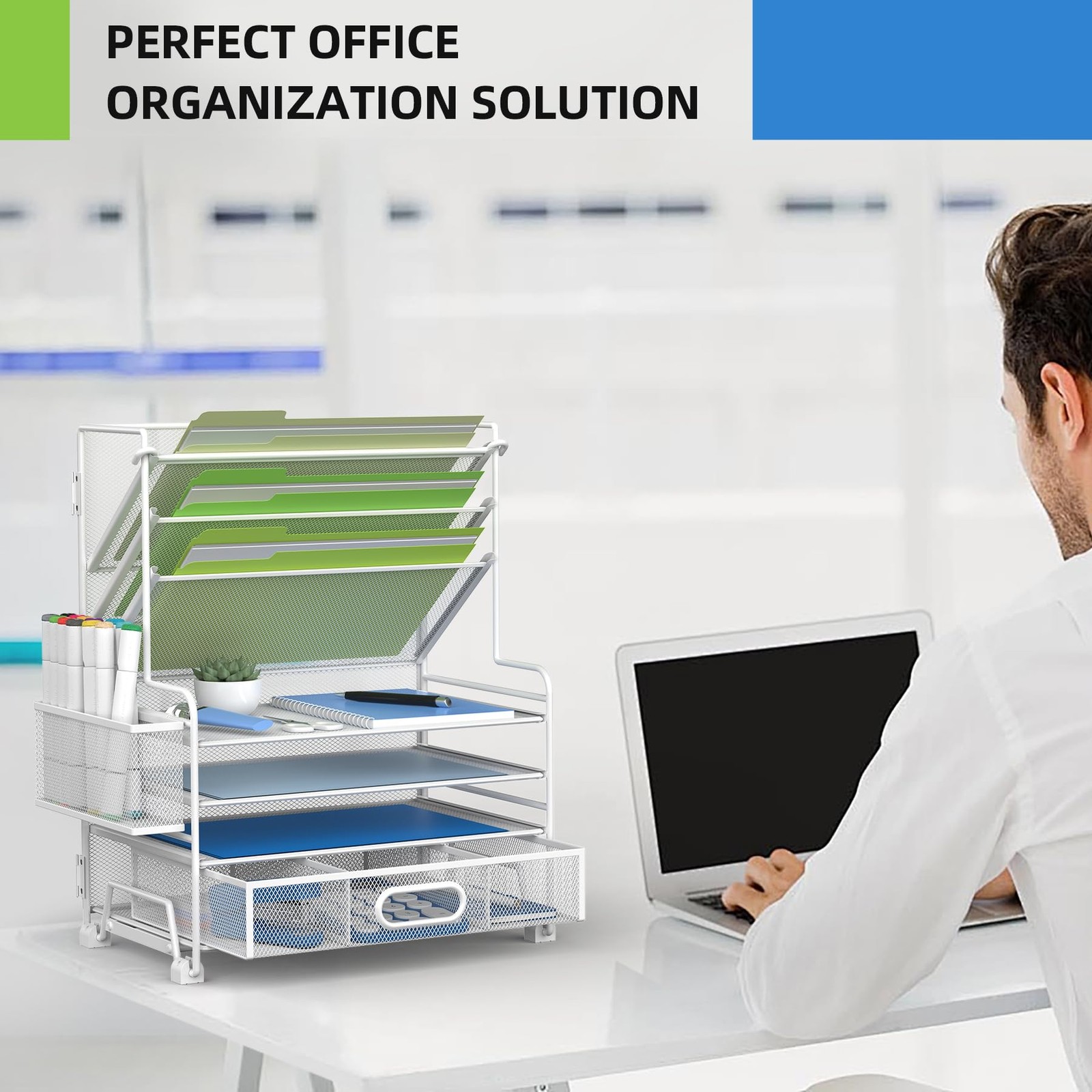 MINDEPOT 4~Tier Paper Organizer with Drawer & Pen Holder, White