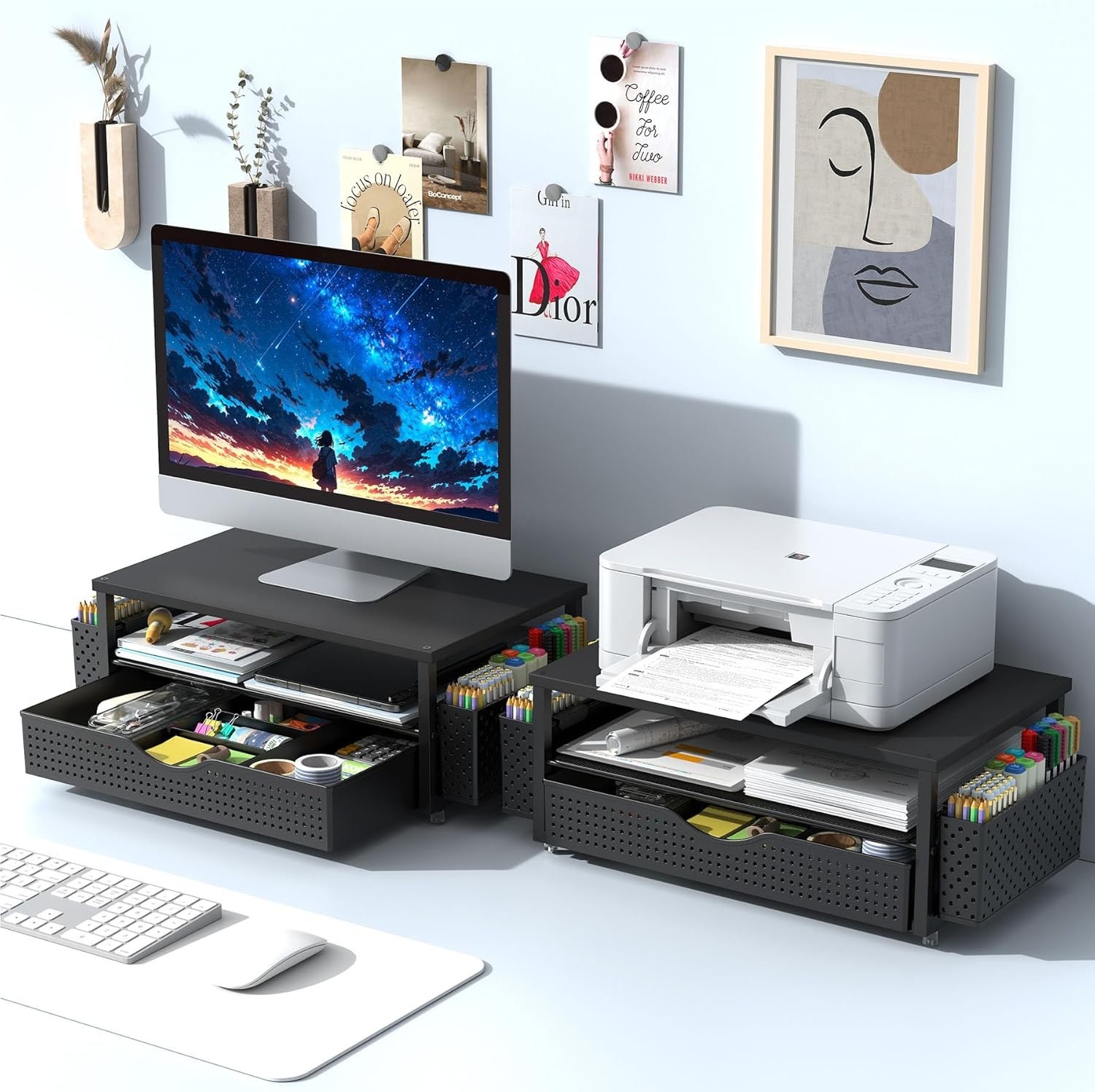 Ergonomic Black Monitor Stand with Drawer & 2 Pen Holders – Desk Organizer