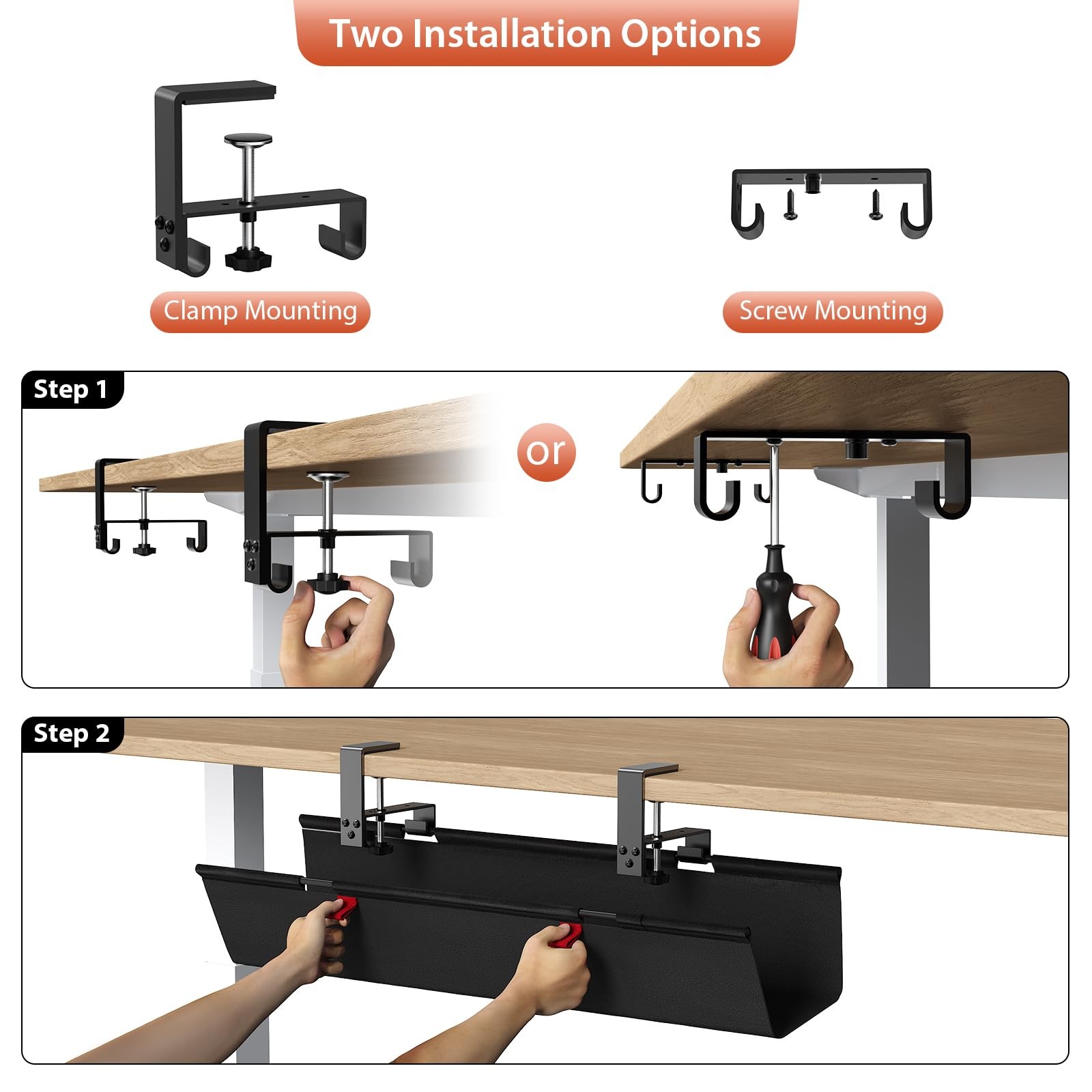 Univivi No Drill Under Desk Cable Management Tray, 28″ 28″L x 5.5″W, Black