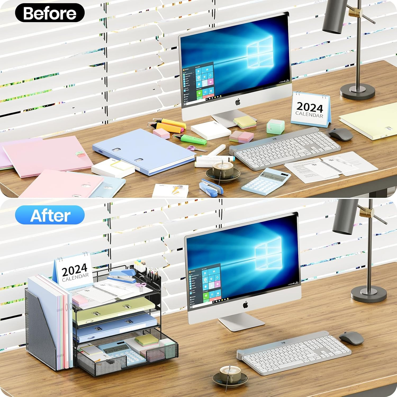 Desk Organizer, 4-Tier Desktop File Organizer with Drawer and 2 Pen Holders, Off