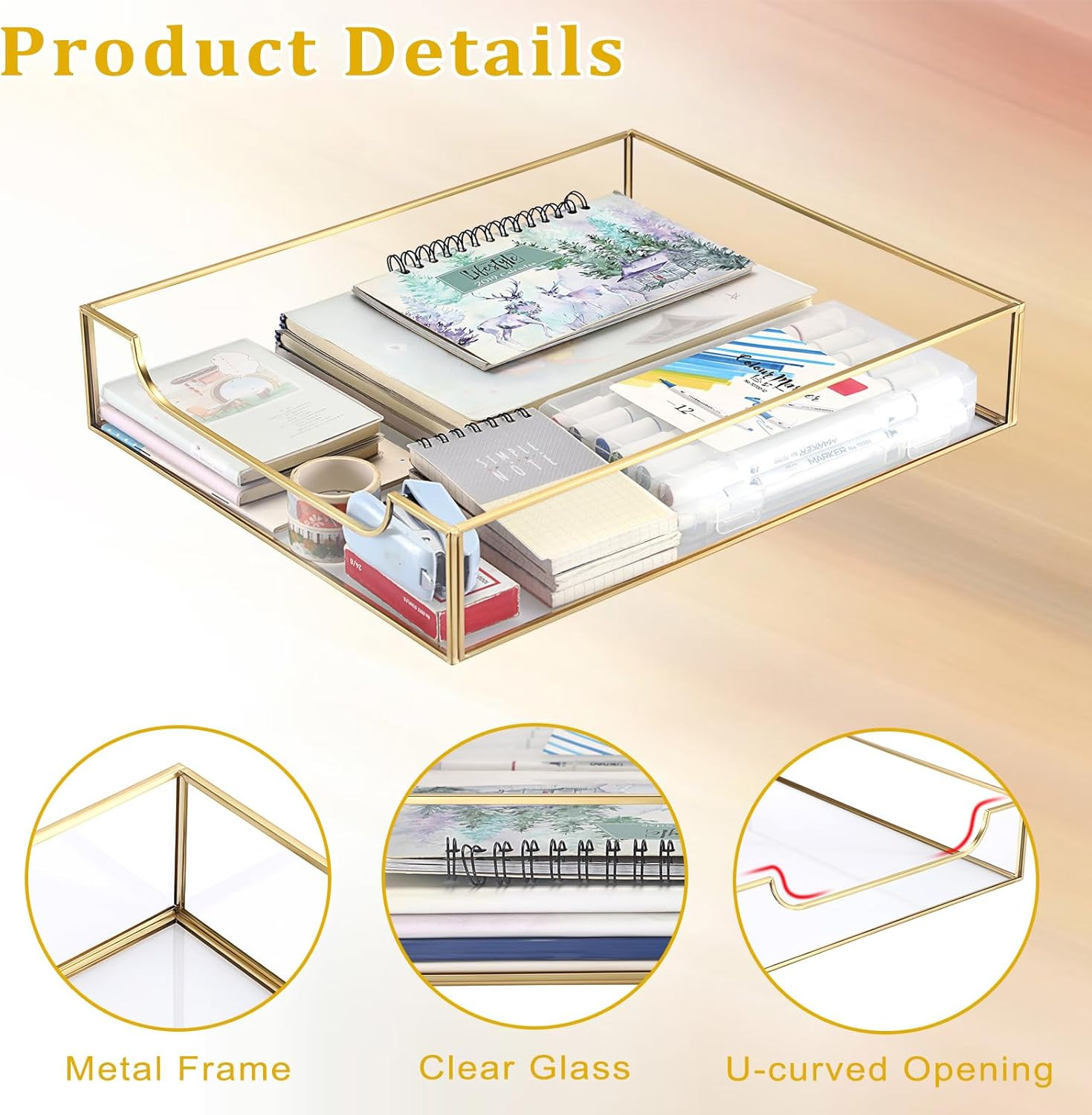 1 Pack Golden Glass Desk Tray, Multi-Purpose Organizer for A4 Paper, Documents,