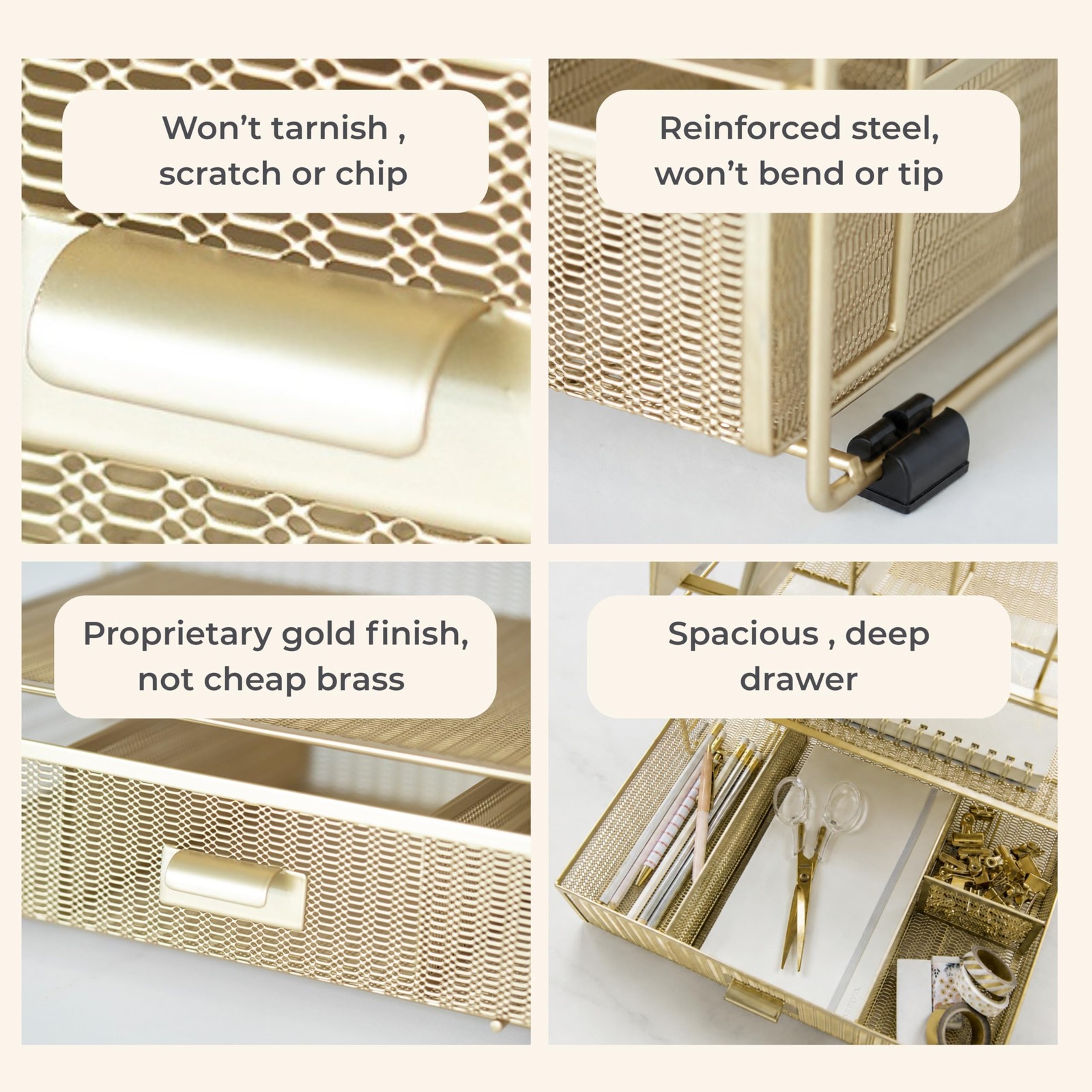 BLU MONACO | Gold Desk Organizer With Drawer | Metal Mesh File Holder &