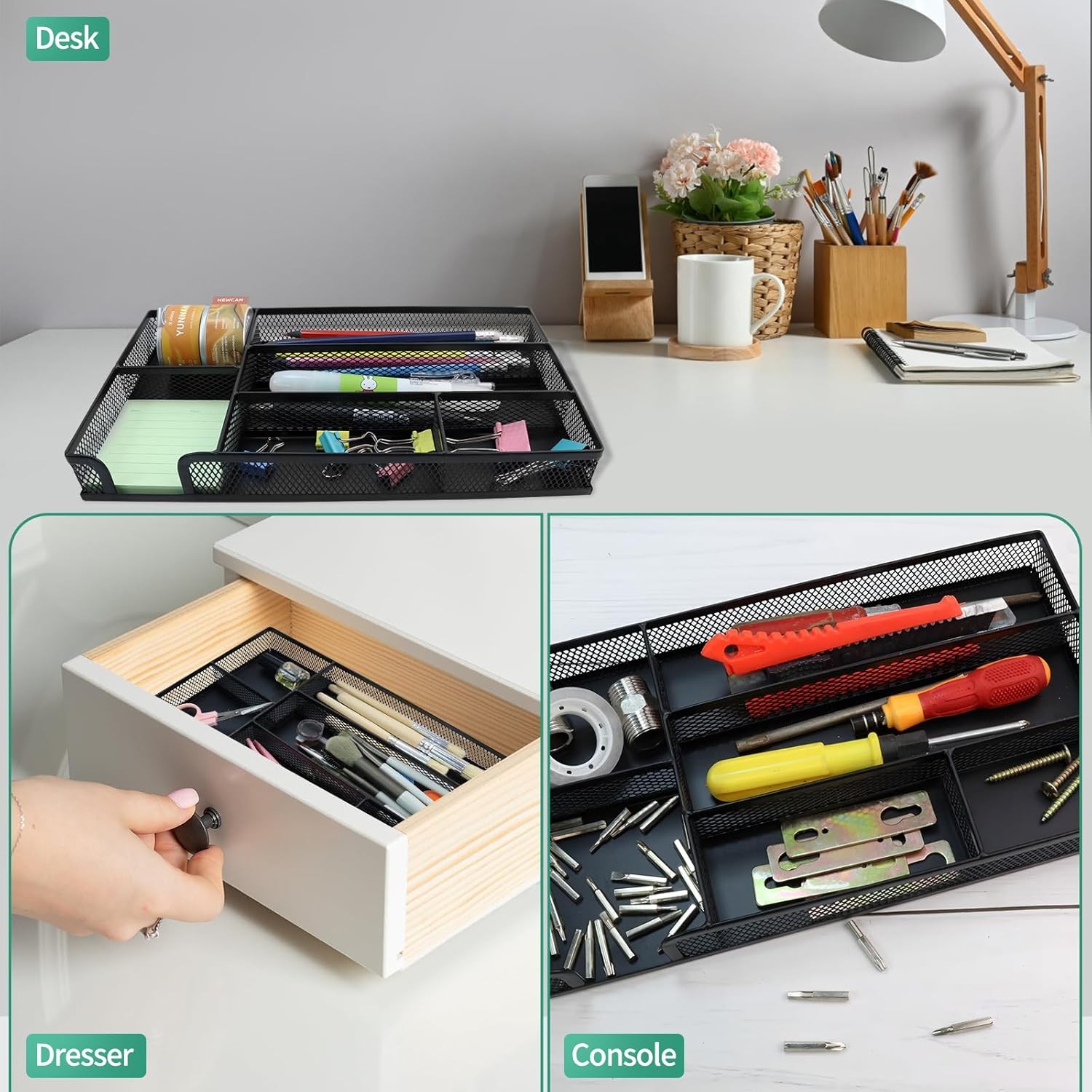Metal Mesh Desk Drawer Organizer Tray 6-Compartment for Office & Vanity