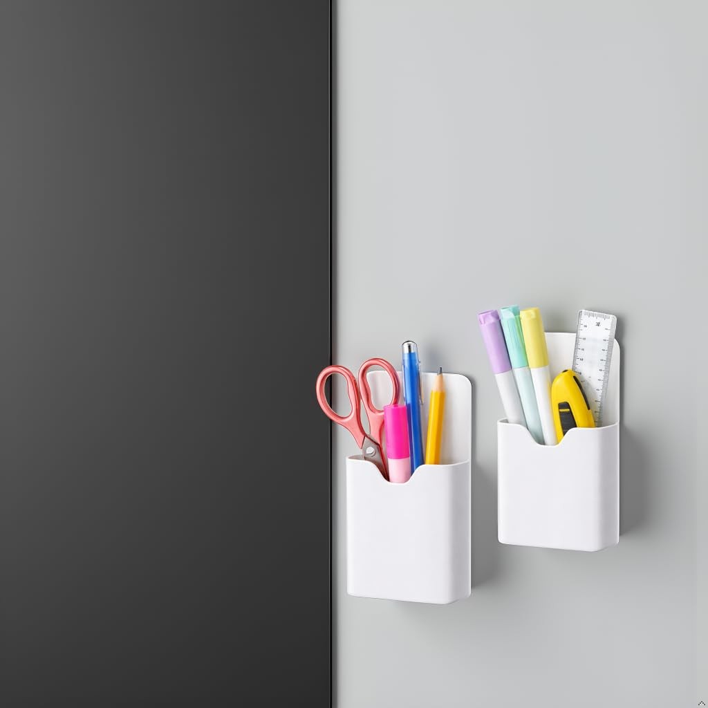 2 Pcs White Simple Design Magnetic Pen Holders for Whiteboard Fridge, Strong …