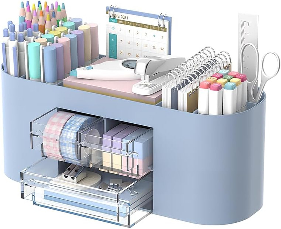 Desk Organizer with 7 Compartments and 3 Drawers, Plastic Makeup Organizer, Mult