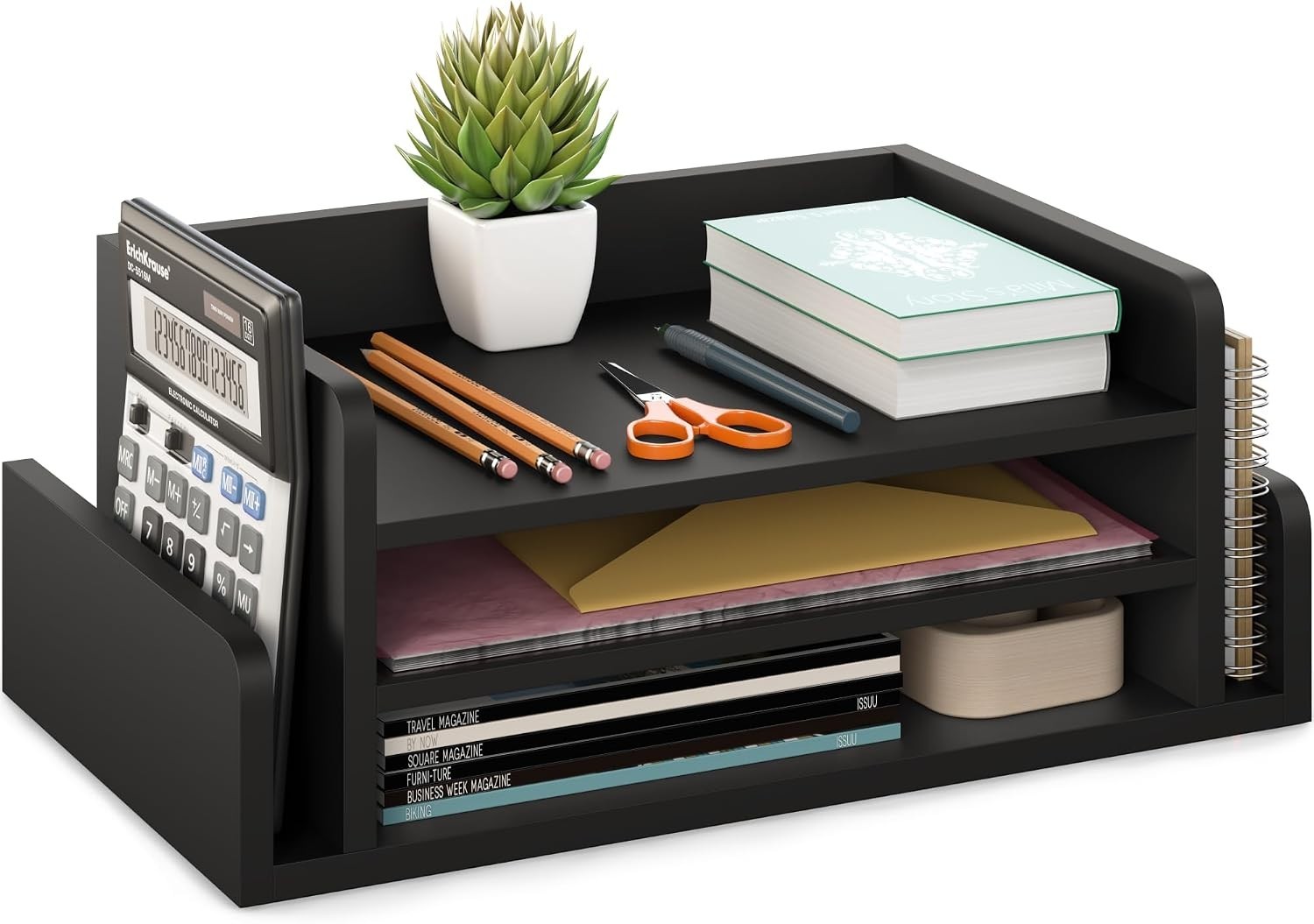 3-Tier Wood Desk Organizer Letter Tray File Holder w/ 2 Mail Slots Black