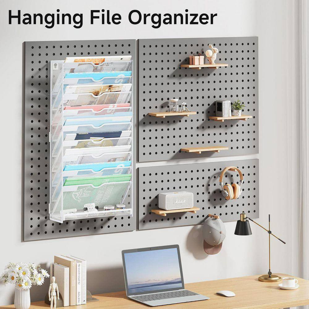 10-Tier Metal Wall Mount Hanging File Organizer, Vertical Document Organizer Whi