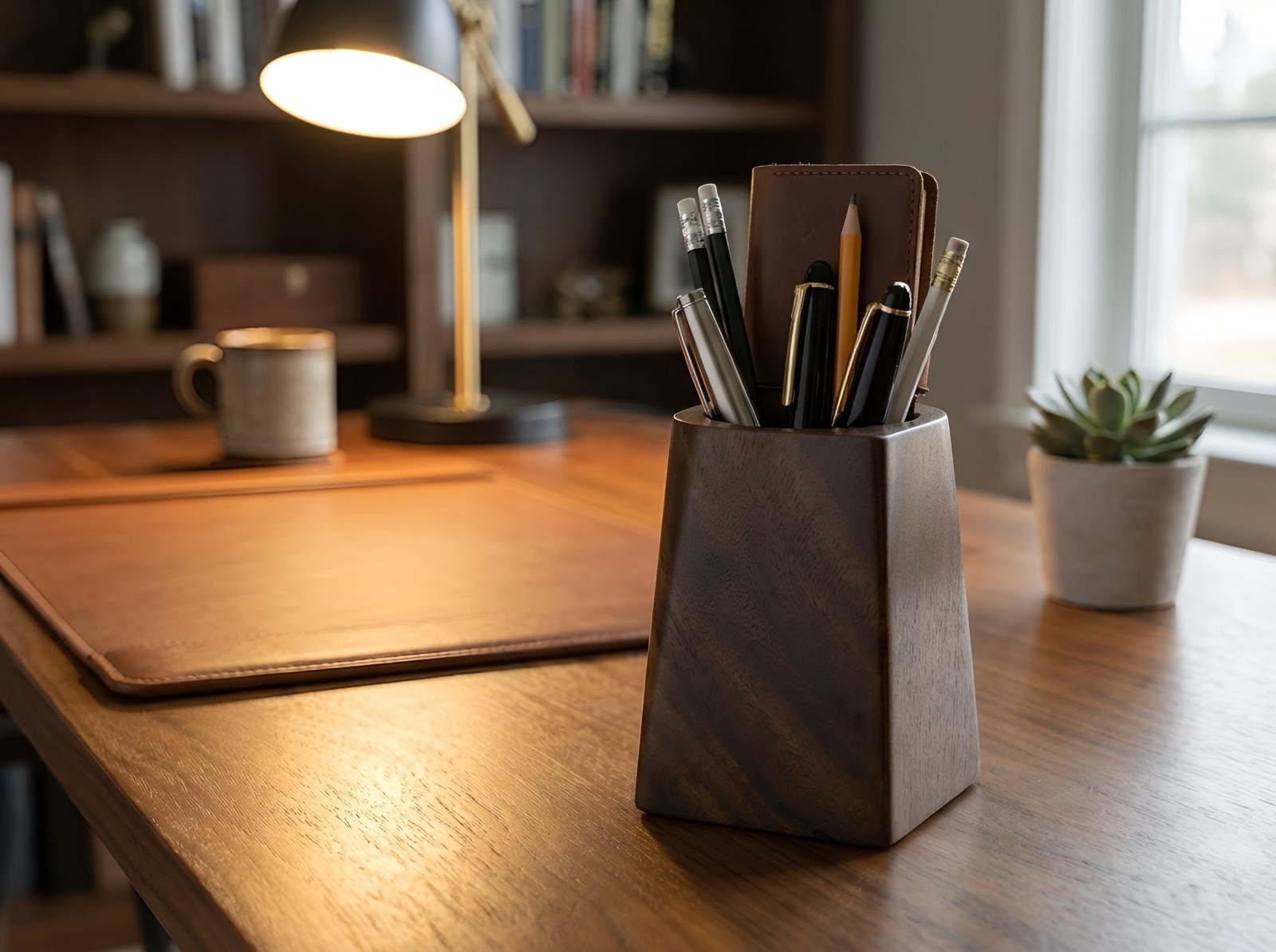 Walnut Wooden desktop pen pot organizer home office decor housewarming gift