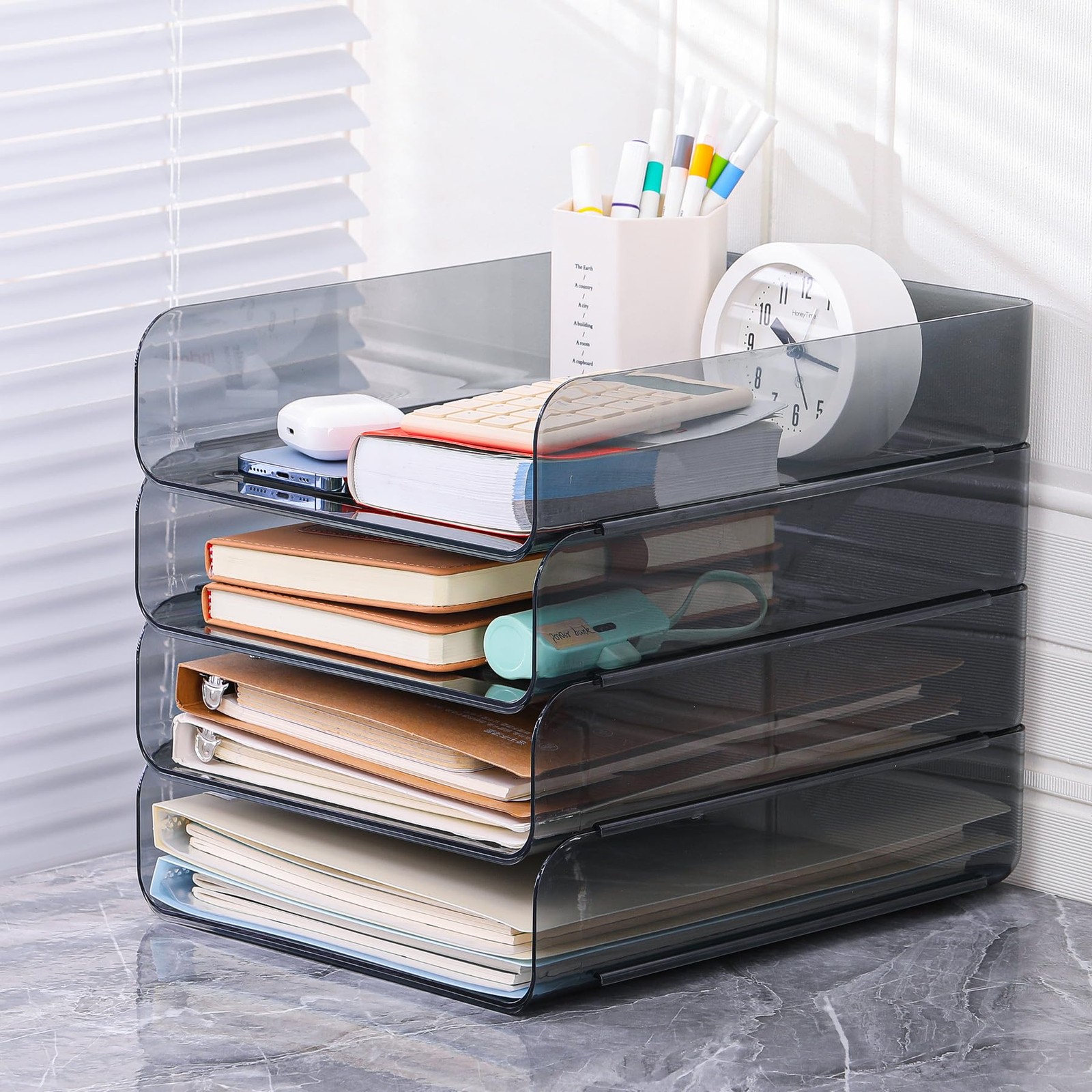 2 PCS Stackable Paper Tray Organizer Clear File Desk Storage Accessories Black