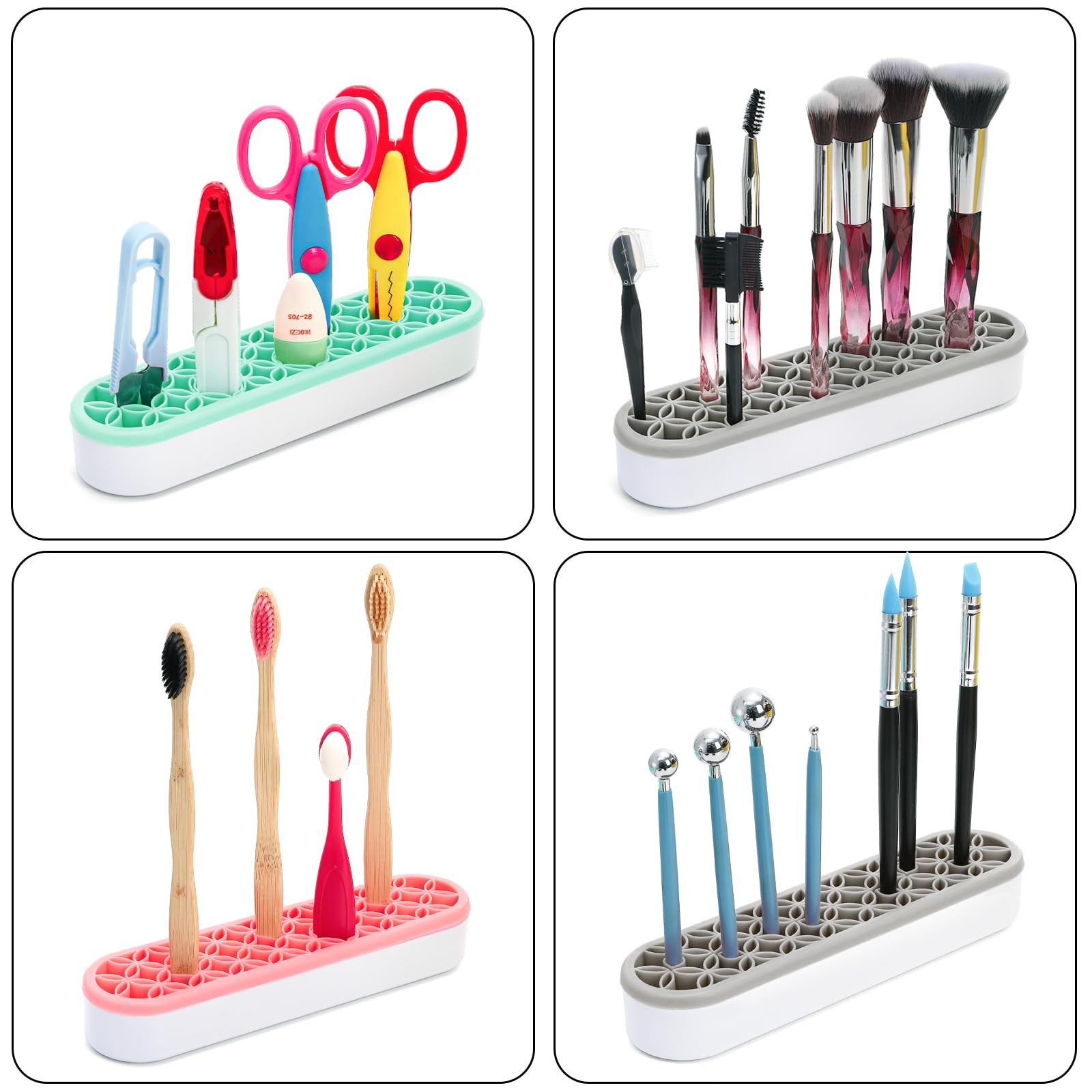 Elsjoy 3 Pack Silicone Makeup Brush Holder, Desktop Pink, Gray, Green