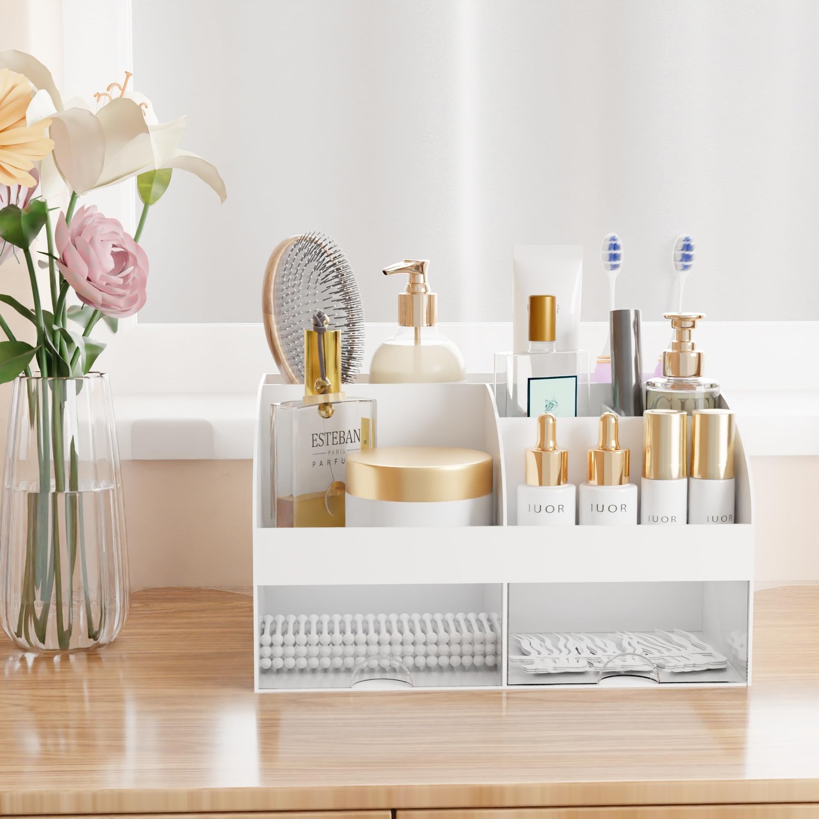 Makeup Organizer with Drawers, Cosmetic Storage for Dresser Vanity and White