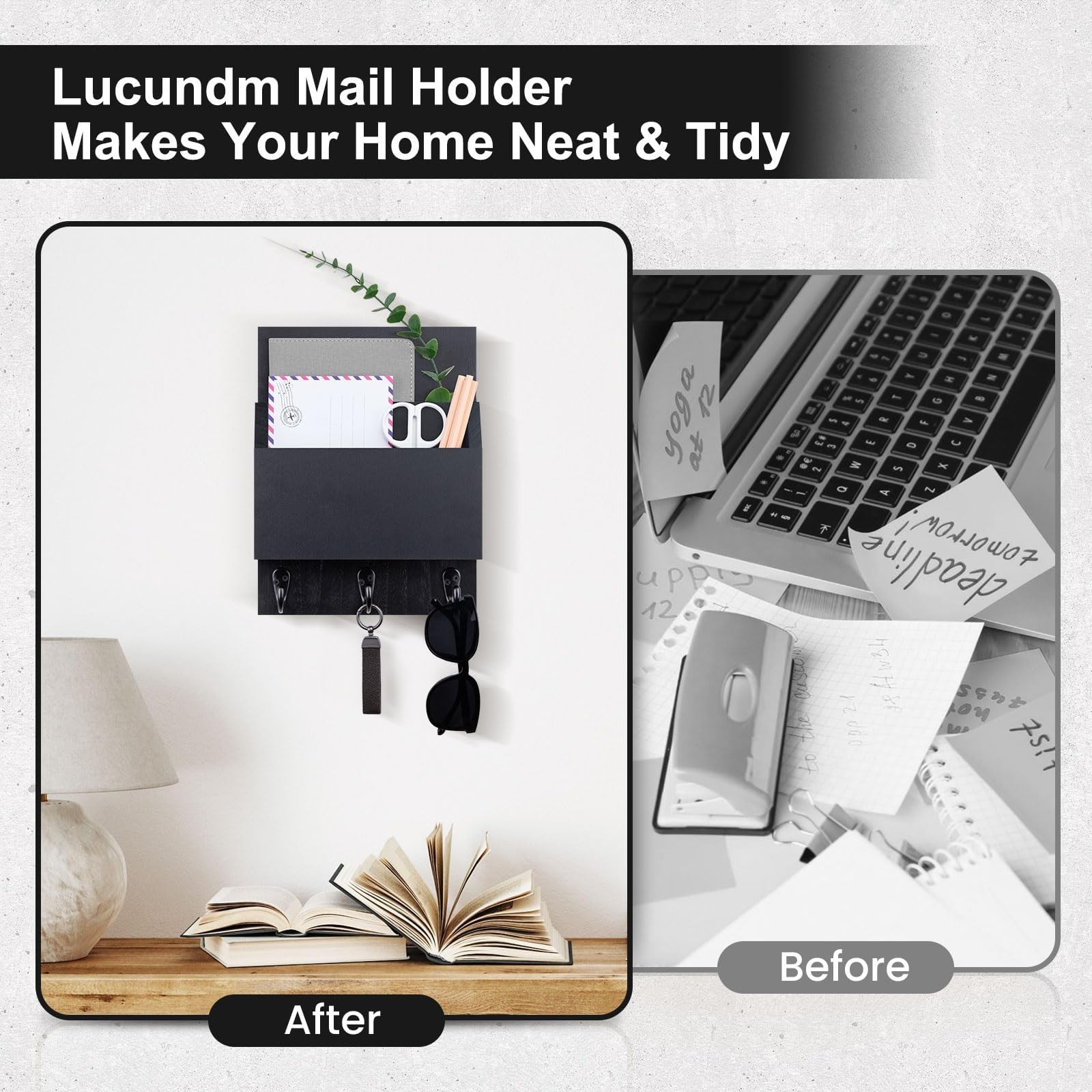 Key and Mail Holder for Wall Mount, Entryway Mail Holder with 2 Slot, Key Hol…
