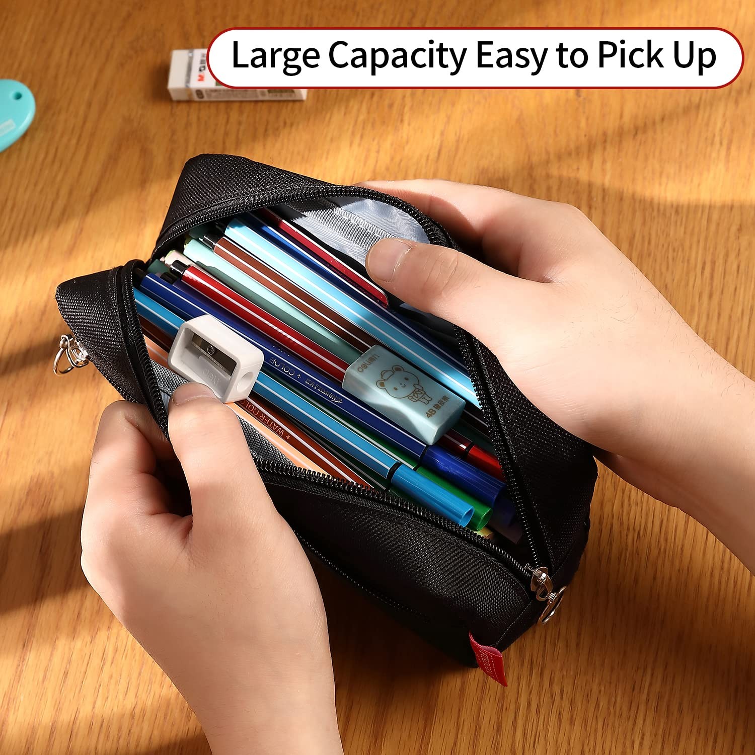 Big Capacity Pencil Pen Case Office Large Storage Simple Stationery Bag Black