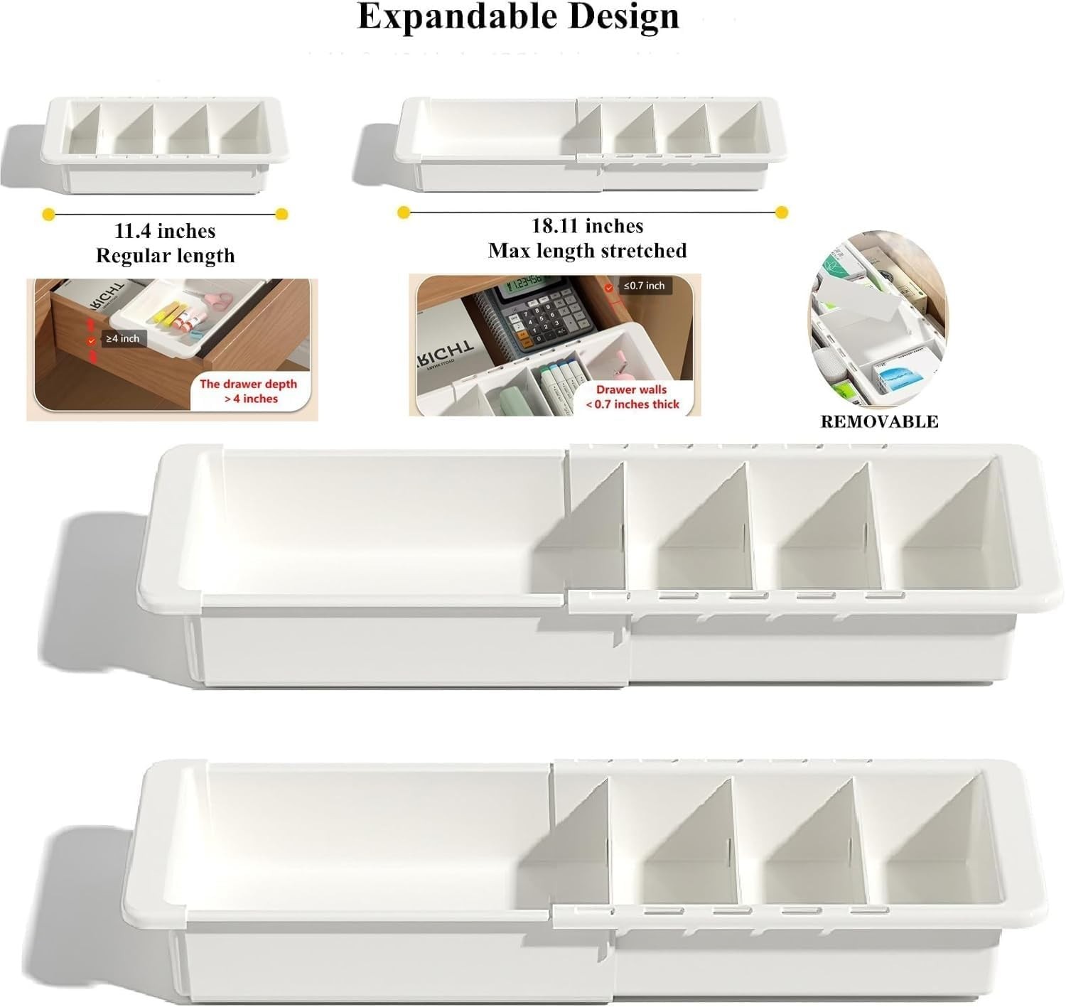 EooUooIP Sliding Drawer Tray with Adjustable Dividers, Expandable White