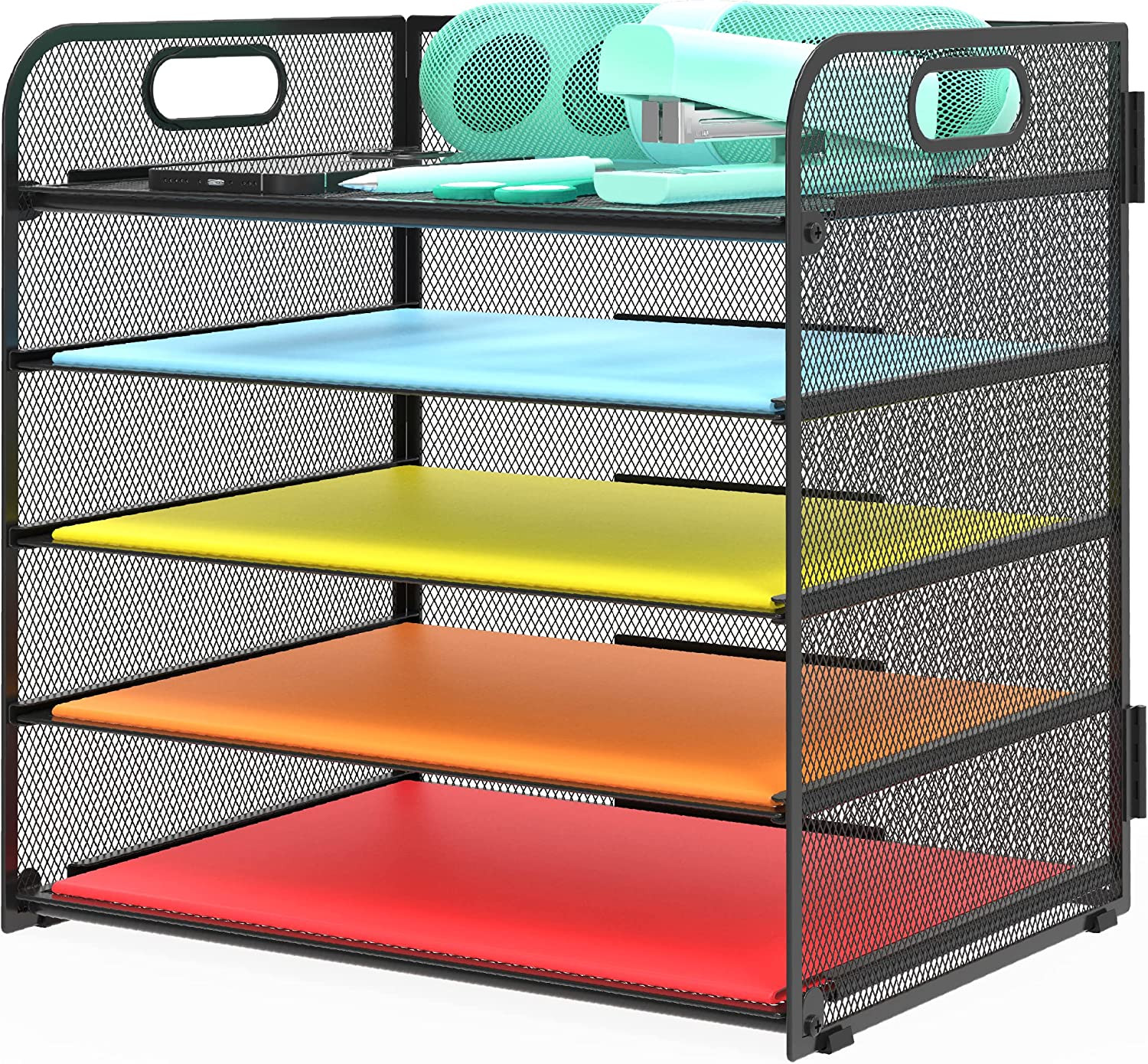 5-Tier Metal Letter Tray Organizer with Handle – Black Desktop File Holder